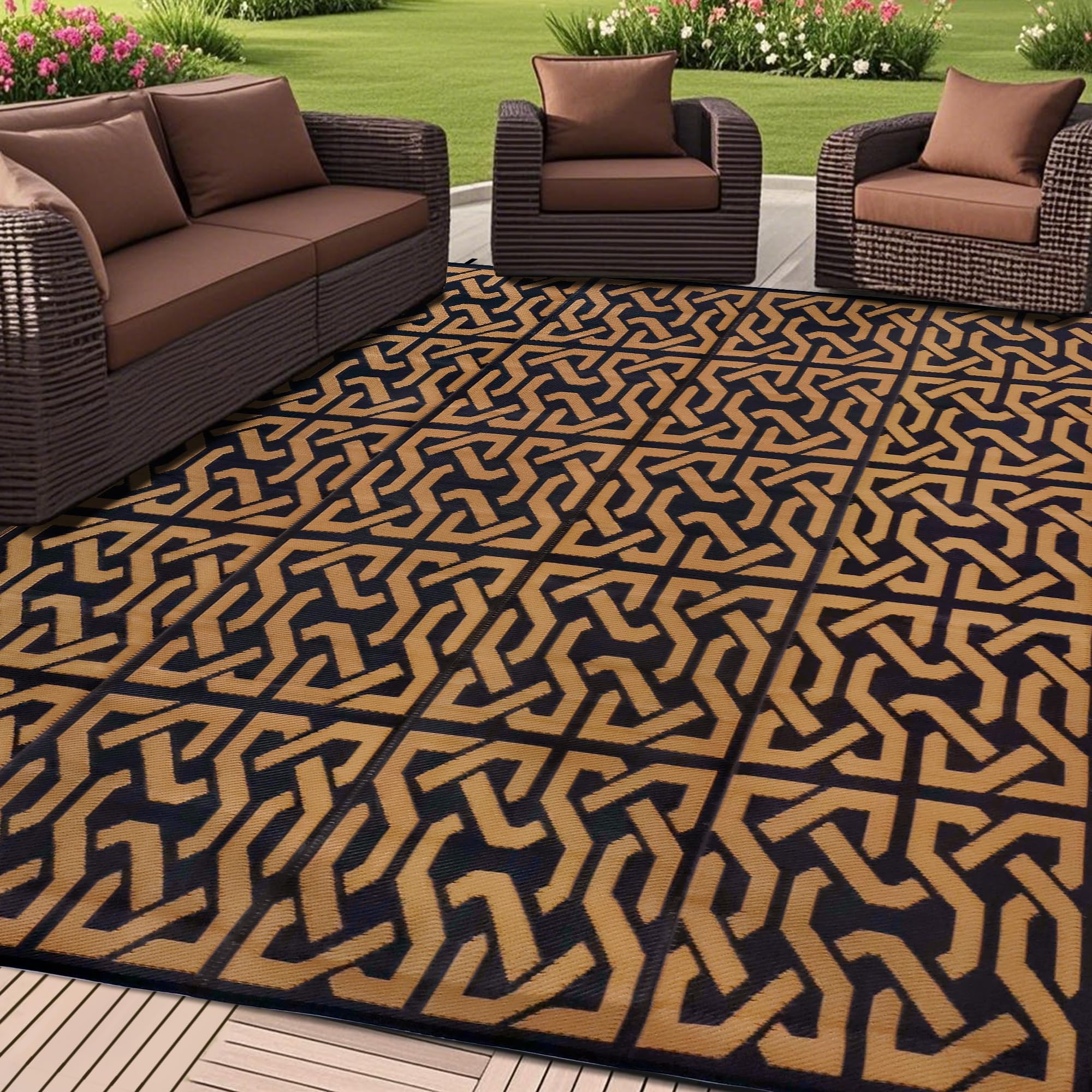 SAND MINE Reversible Mats, Plastic Straw Rug, Modern Area Rug, Large Floor Mat and Rug for Outdoors, RV, Patio, Backyard, Deck, Picnic, Beach, Camping, Trailer, Black & Brown, 9' x 12'