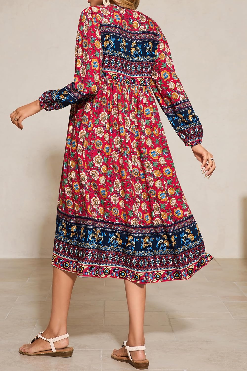 R.Vivimos Women's Long Sleeves Floral Print Retro V Neck Tassel Casual Bohemian Midi Dresses - Image 5