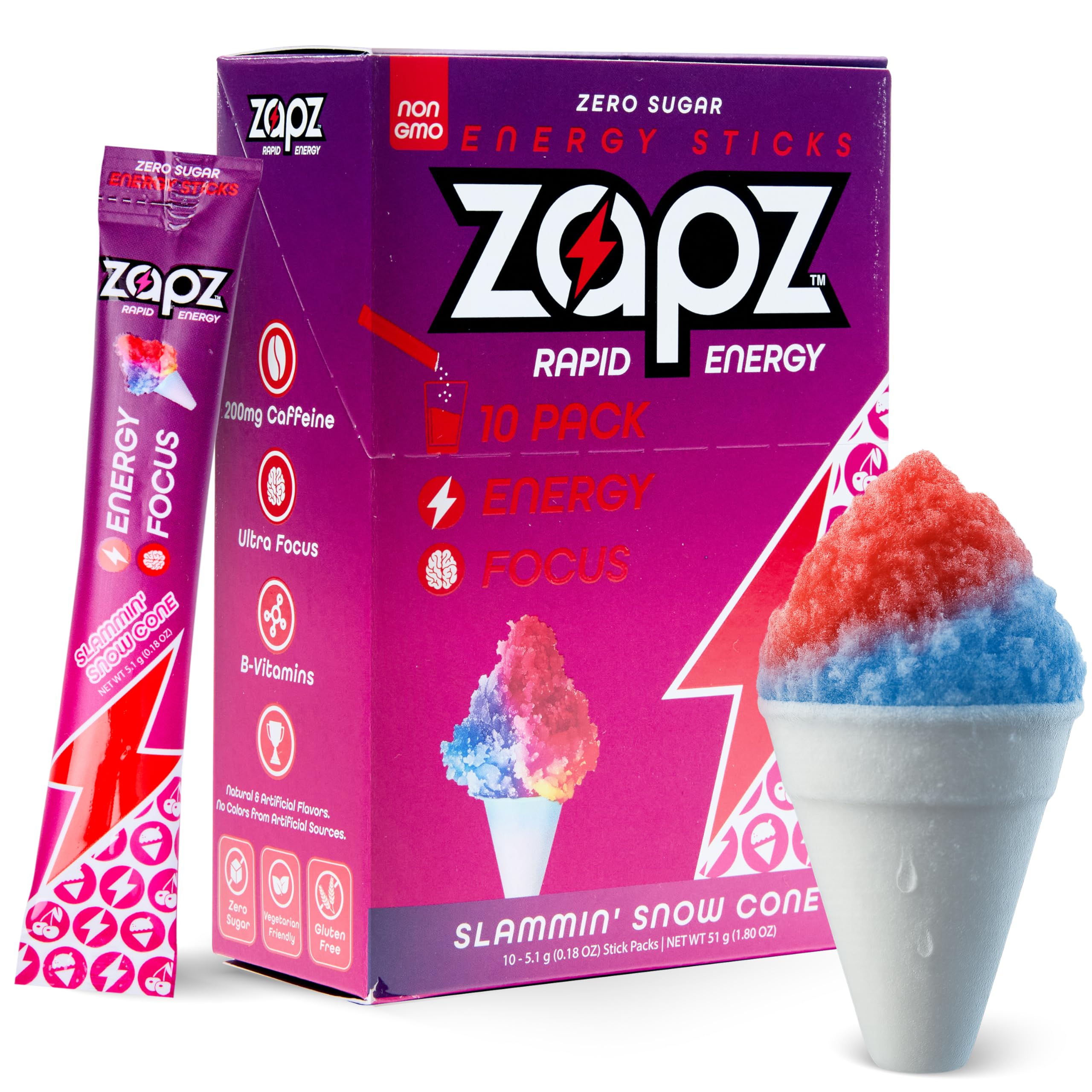 ZAPZ Caffeine Packets – Cherry Snow Cone, 10-Pack, Sugar Free Energy Drink Mix Powder with 200mg Caffeine for Nootropics Focus Support - Just 5