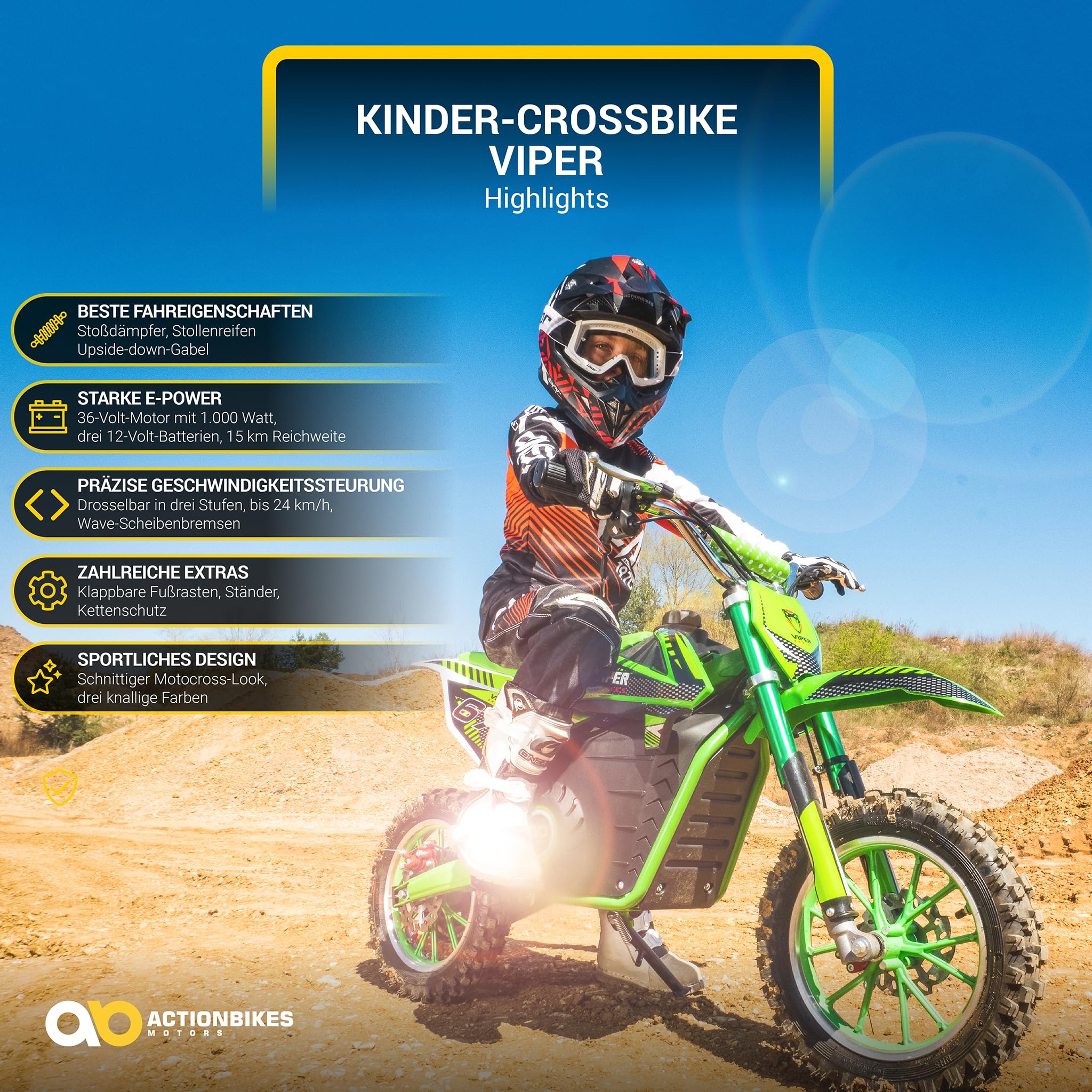 Actionbikes Motors Kinder Elektro Crossbike Viper | 𝟭𝟬𝟬𝟬 Watt Motor bis 𝟐𝟒 km/h - Motorrad - Pocket Bike - Dirt Bike - Pocketbike - Motorsport - Dirtbike - Cross - Enduro ab 8 Jahren (Grün)