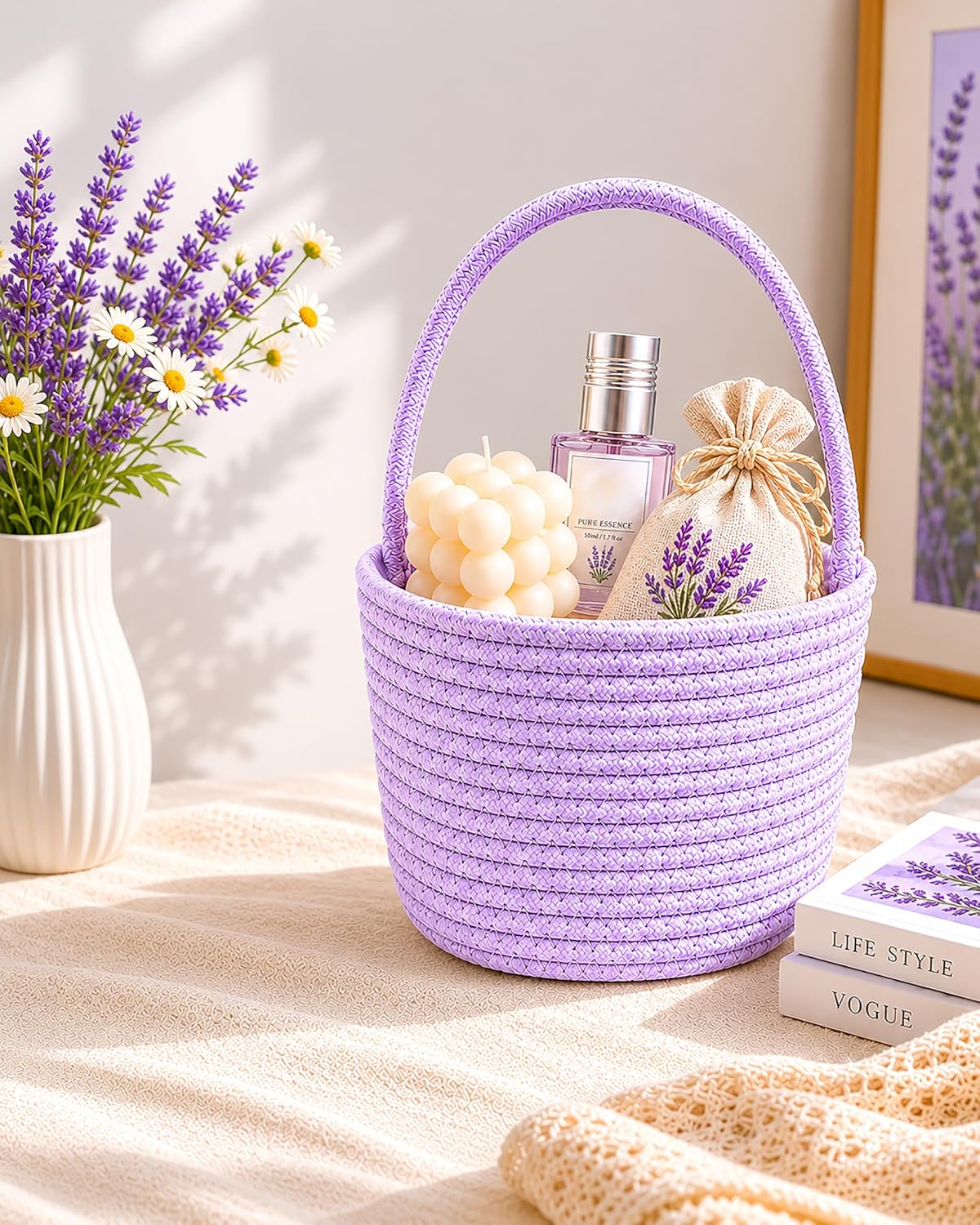 Prudance Purple Small Cotton Storage Basket with Handle 6" x 5" | Woven Gift Basket For Birthday, Easter, Christmas, Home Decor