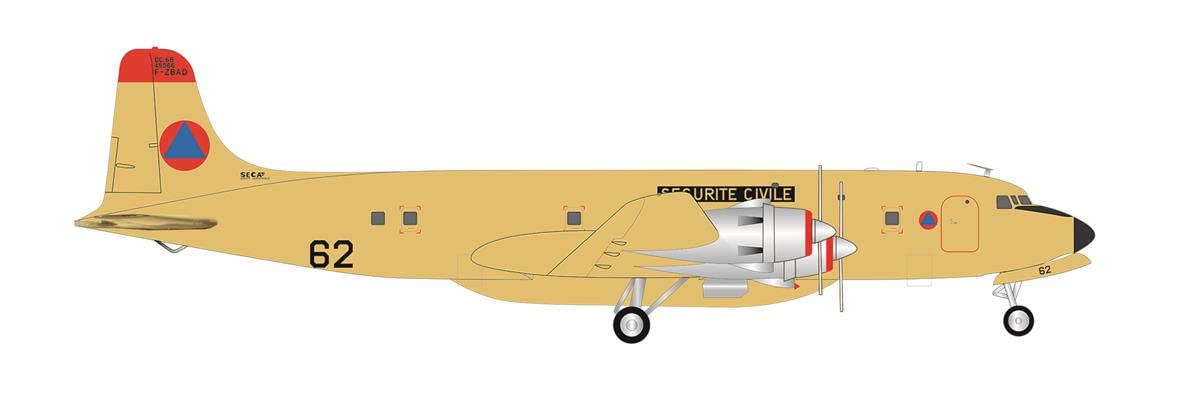 herpa airplane model Scurit Civile Douglas DC-6  F-ZBAD Plican 62" on a scale of 1:200, metal miniature with pedastal, model building, collectors edition