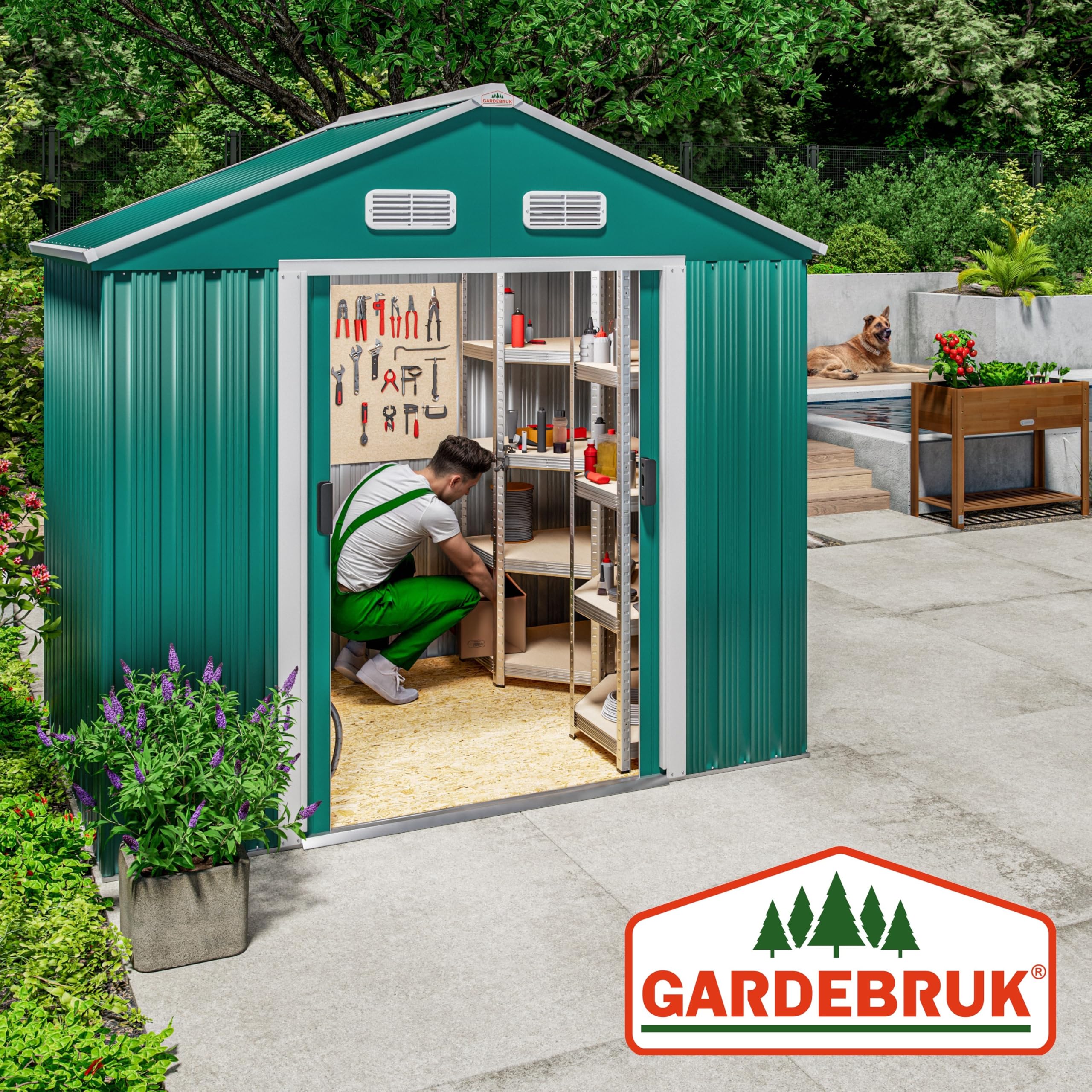 GARDEBRUK® Cobertizo de Jardín Exterior con Base 2m² Caseta Acero Galvanizado 200x135x190cm XL Puerta Corredera Techo Dos Aguas Ventilación Resistente Intemperie Almacenamiento Orden 4 Ganchos Verde