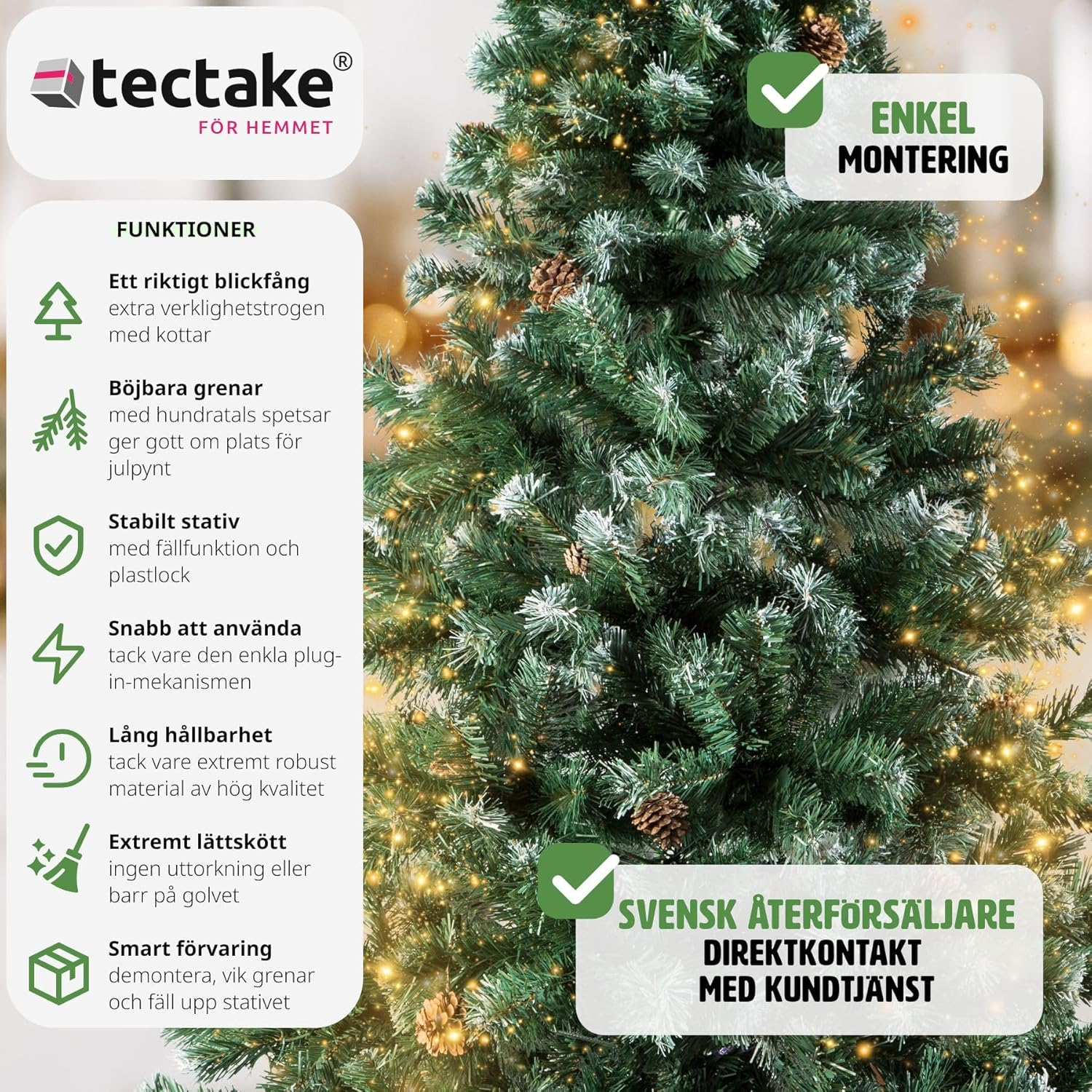 Key features of the tectake artificial Christmas tree including easy assembly, bendable branches, stable stand, durability, easy care, and smart storage.