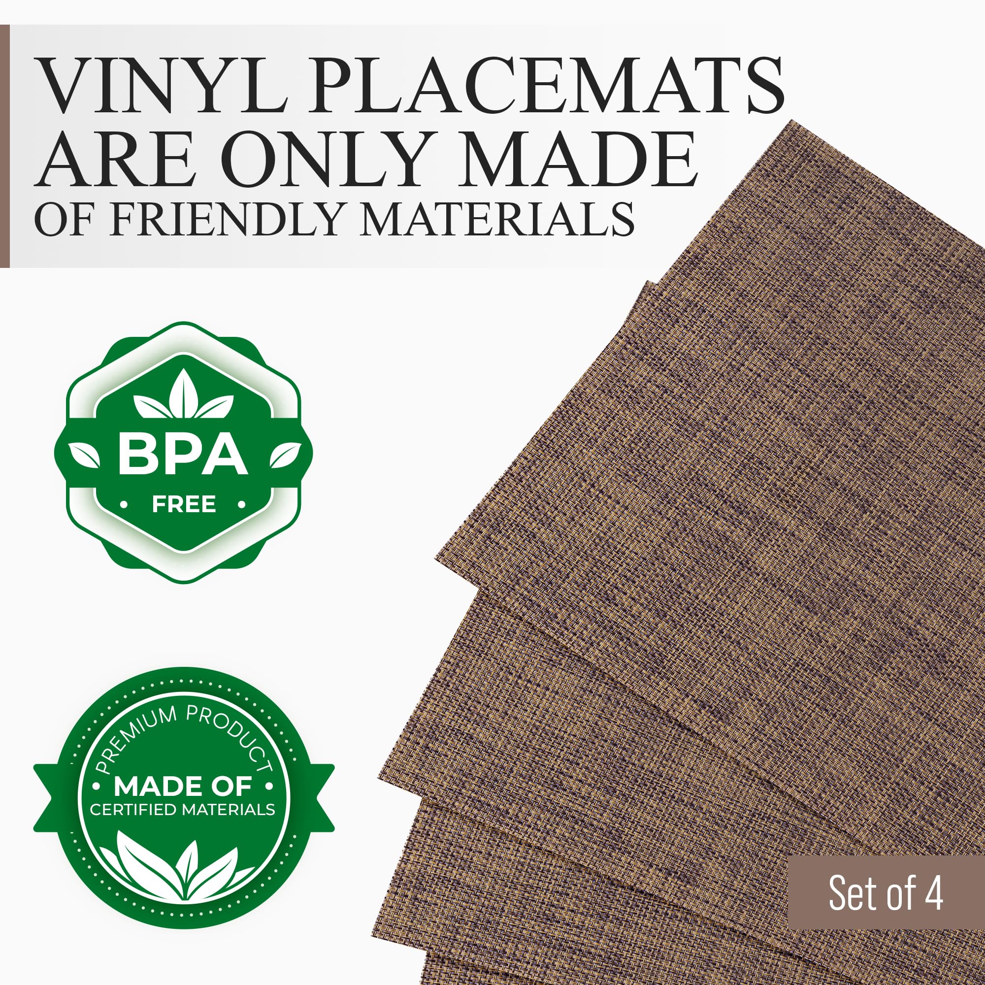 CraftyCrocodile Vinyl Placemats Set of 4 - Heat Resistant, Wipeable, Classic - Indoor & Outdoor Wipeable Place Mats for Dining Table – Durable Table Mats, 12 x 18 Inch, Brown