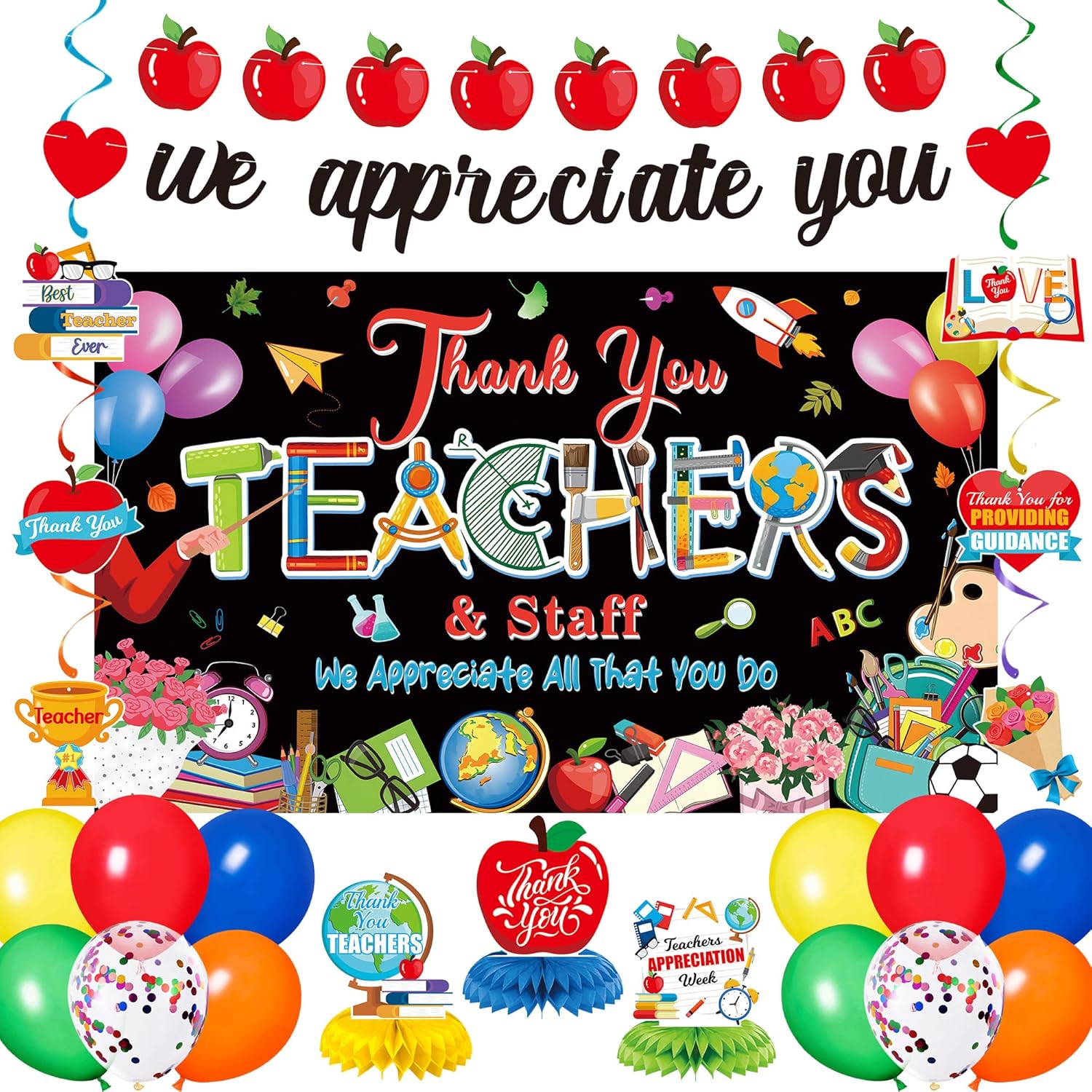 Vlipoeasn Teacher Appreciation Week Decorations, Black Thank You Teachers Staff Backdrop Banner, We Appreciate You Banner, School Classroom Decorations Hanging Swirl Honeycomb Centerpiece