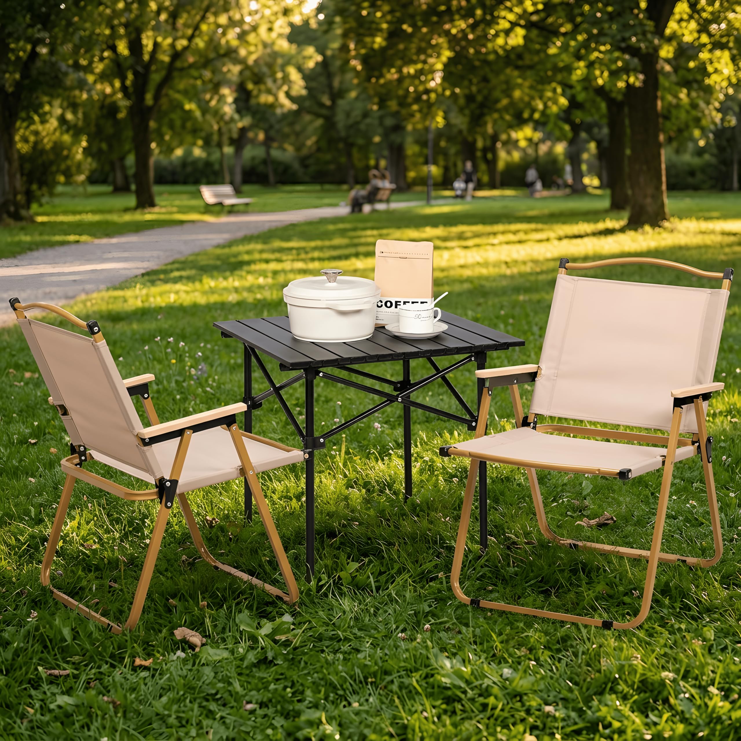 EGGREE Lot de 2 Chaises de Camping, Capacité de Charge de 120 kg, Accoudoirs en Bois et Tissu Oxford 600D, Chaises Pliantes Portables pour Camping, Plage, Terrasse, Pêche (Kaki)