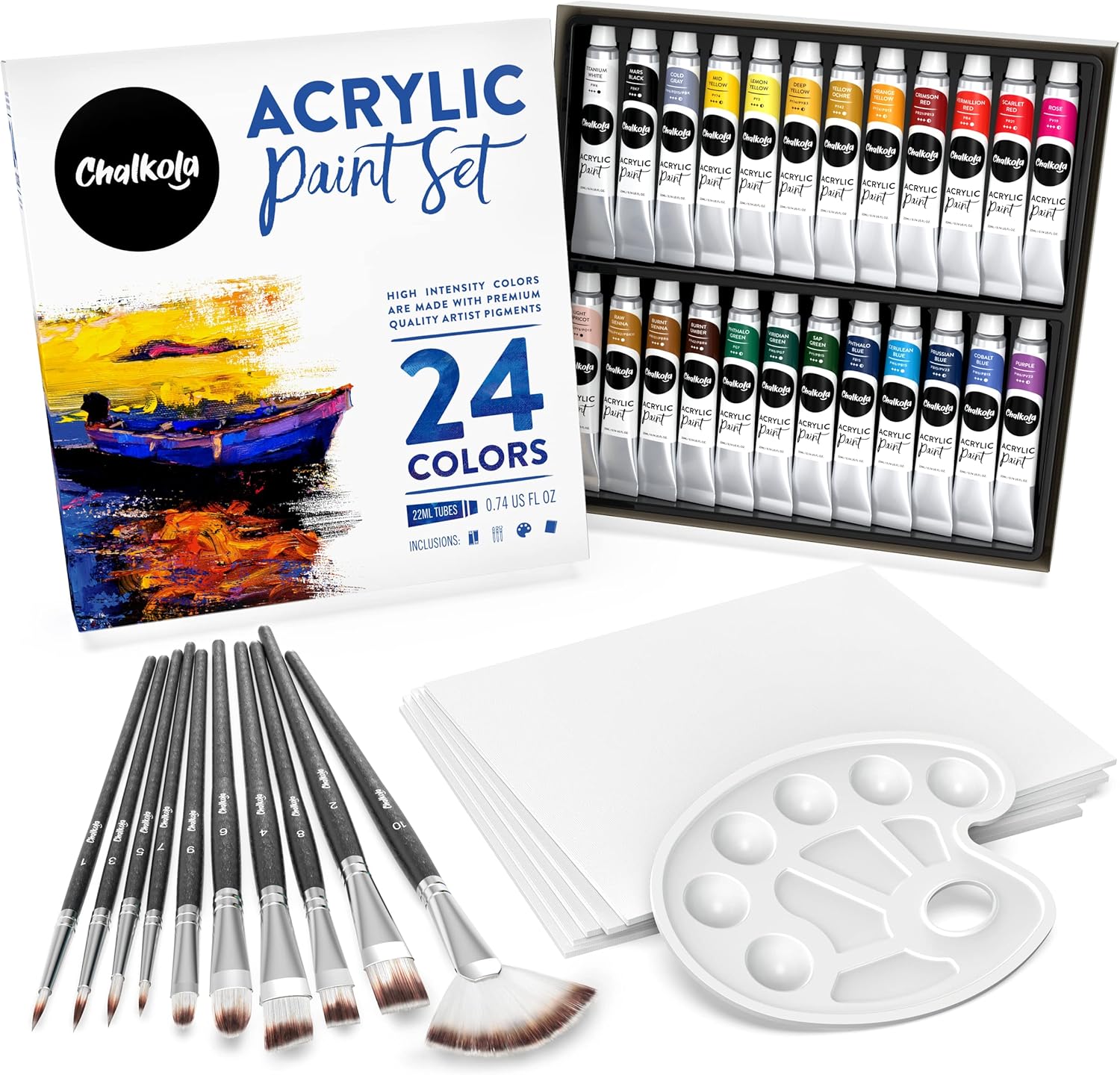 Chalkola 40 Acrylic Paint Set for Adults with 24 Acrylic Paints kit (22ml), 10 Painting Brushes, 5 Canvas for Painting (8x10) & 1 Palette