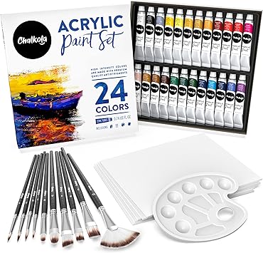 Chalkola 40 Acrylic Paint Set for Adults with 24 Acrylic Paints kit 22ml, 10 Painting Brushes, 5 Canvas for Painting 8x10 & 1 Palette