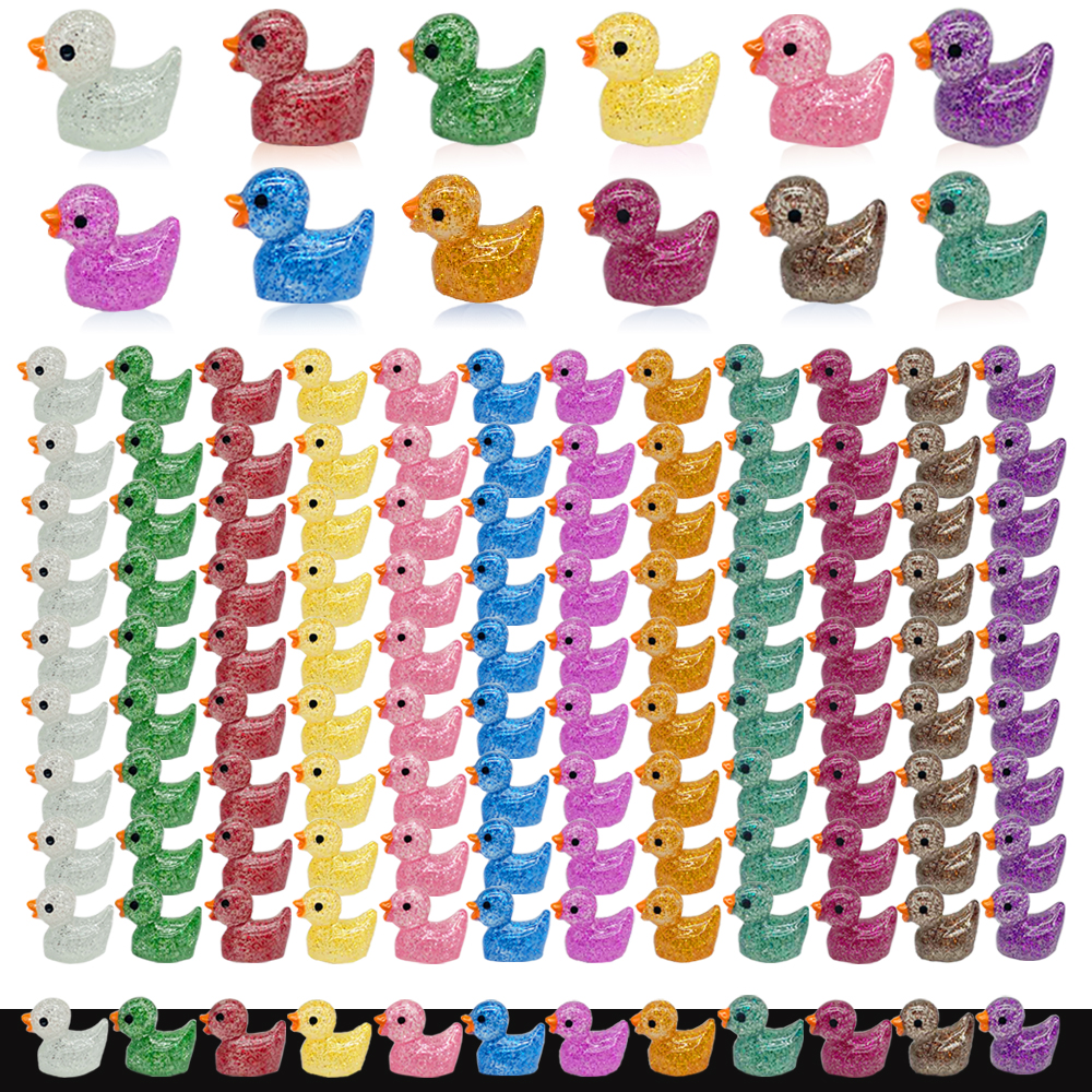 200 pièces Mini Canards en Résine Colorés à Paillettes - Petits Canards pour Cacher des Figurines d'Animaux Minis pour la Décoration de Paysage Miniature et Aquarium