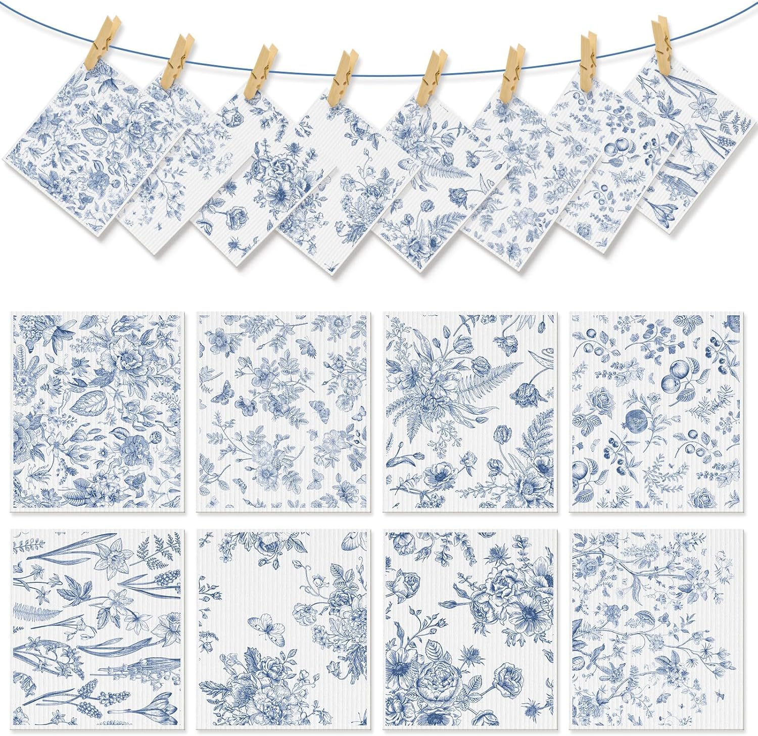 Fanfanwin 8 Pcs Blue and White Swedish Kitchen Towels Blue White Floral Dish Cloth for Kitchen Reusable Fast Drying Dishcloth for Spring Bathroom Wedding Bridal Shower Party Decoration, 7 x 8 Inch