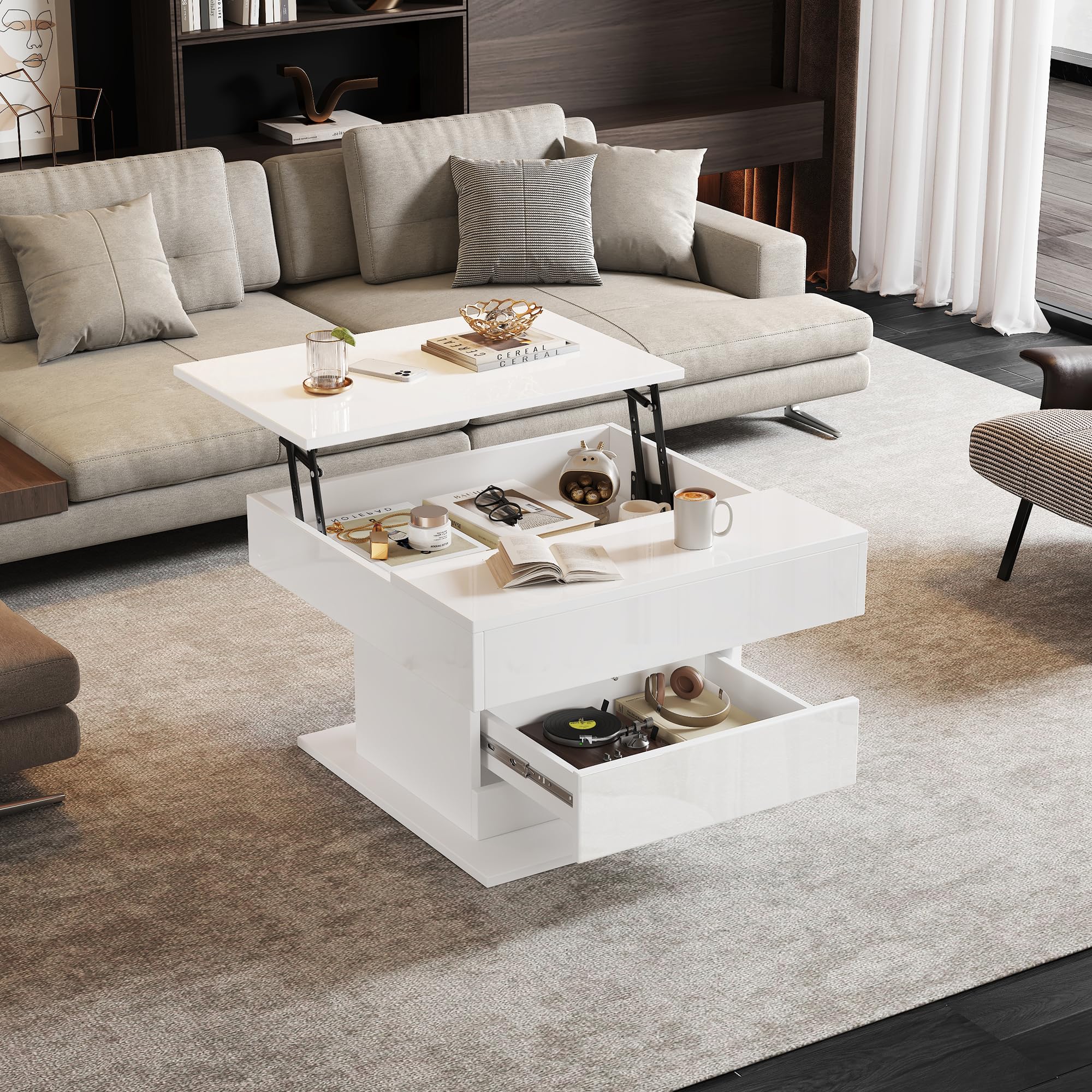 BTM 360°Rotating coffee table, Highgloss Lift-Top Centre Table with 1 drawers, Rotating Lifting Sofa Side Table, Space-saving End Table,Tea Table,70 * 70 * 45cm, white