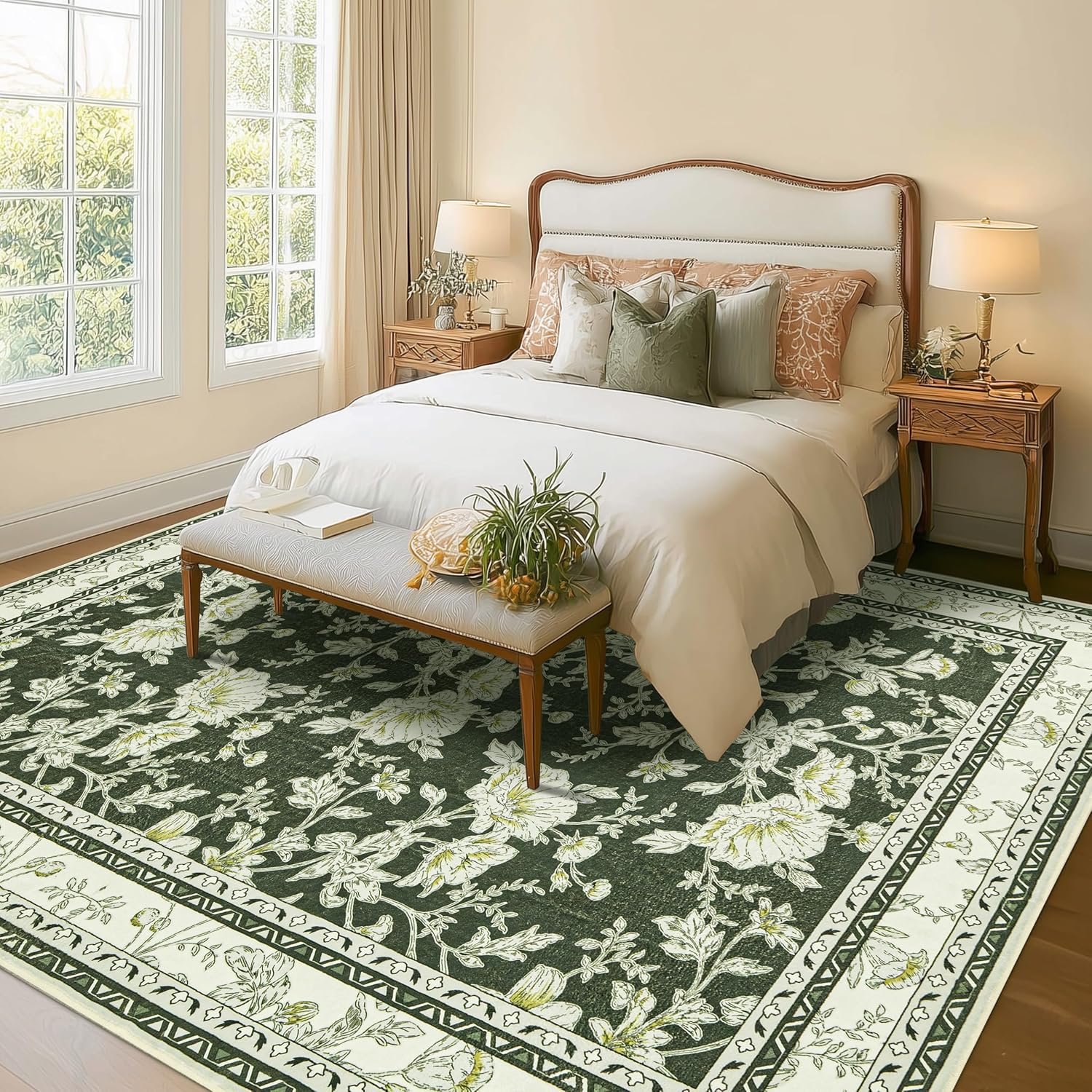 Condition photo showing New/Like New for olive green floral print area rugs for bedroom living room boho farmhouse country rustic dining room carpet soft washable rugs non slip floor covering for nursery playroom 10x12 10' x 12' (rectangular) sketch floral olive green