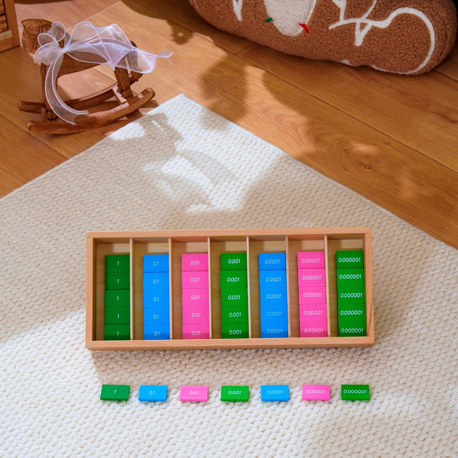 Premium Montessori Decimal Stamp Game,Beechwood Stamp Game Decimal Tiles, 7 Place Value Sets 140 Tiles, Decimal System Operations for Addition Subtraction Multiplication,Homeschool Math Kids Ages 6-9