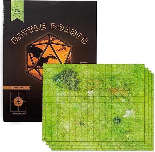 GSM Brands Tapete de batalla con cuadrícula para juego de rol de mazmorras, juego de dragones de mesa, paquete de 4 tablas de batalla de borrado en