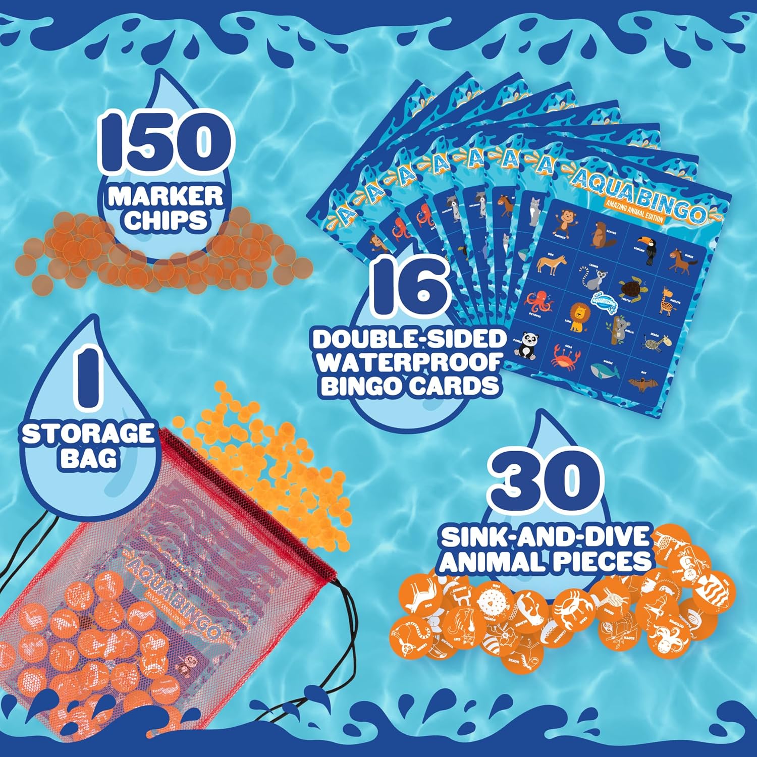 Pool Bingo Diving Game for Kids- Summer Party Fun Edition Toy- Dive & Call 30 Sinking Animal Themed "Numbers", Fill Your Card- 150 Marker Chips & 16 Double Sided Waterproof Play Cards & Carrying Bag