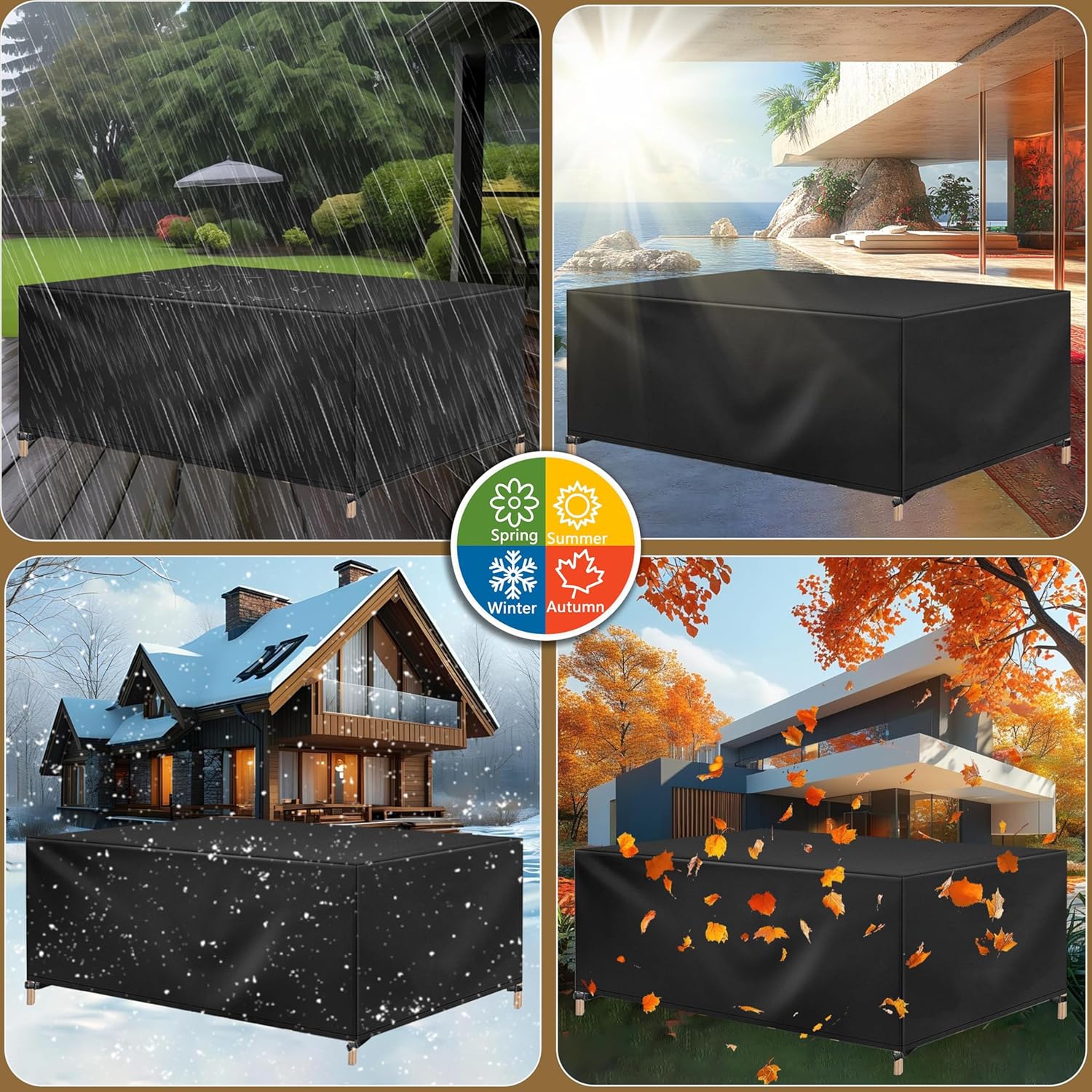 Garden Furniture Covers Waterproof Patio Table Covers, 355x270x75cm/LxWxH Large Outdoor Furniture Set Cover, Windproof Snowproof 420D Oxford Rattan Sofa Set Covers Black