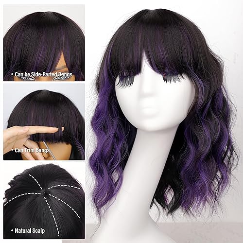 Miniatura 10 de Nnzes Peluca con flequillo para mujer, longitud al hombro, estilo Bob ondulado, encantadora, sintética, marrón oscuro, mezcla con rubio, con cabello