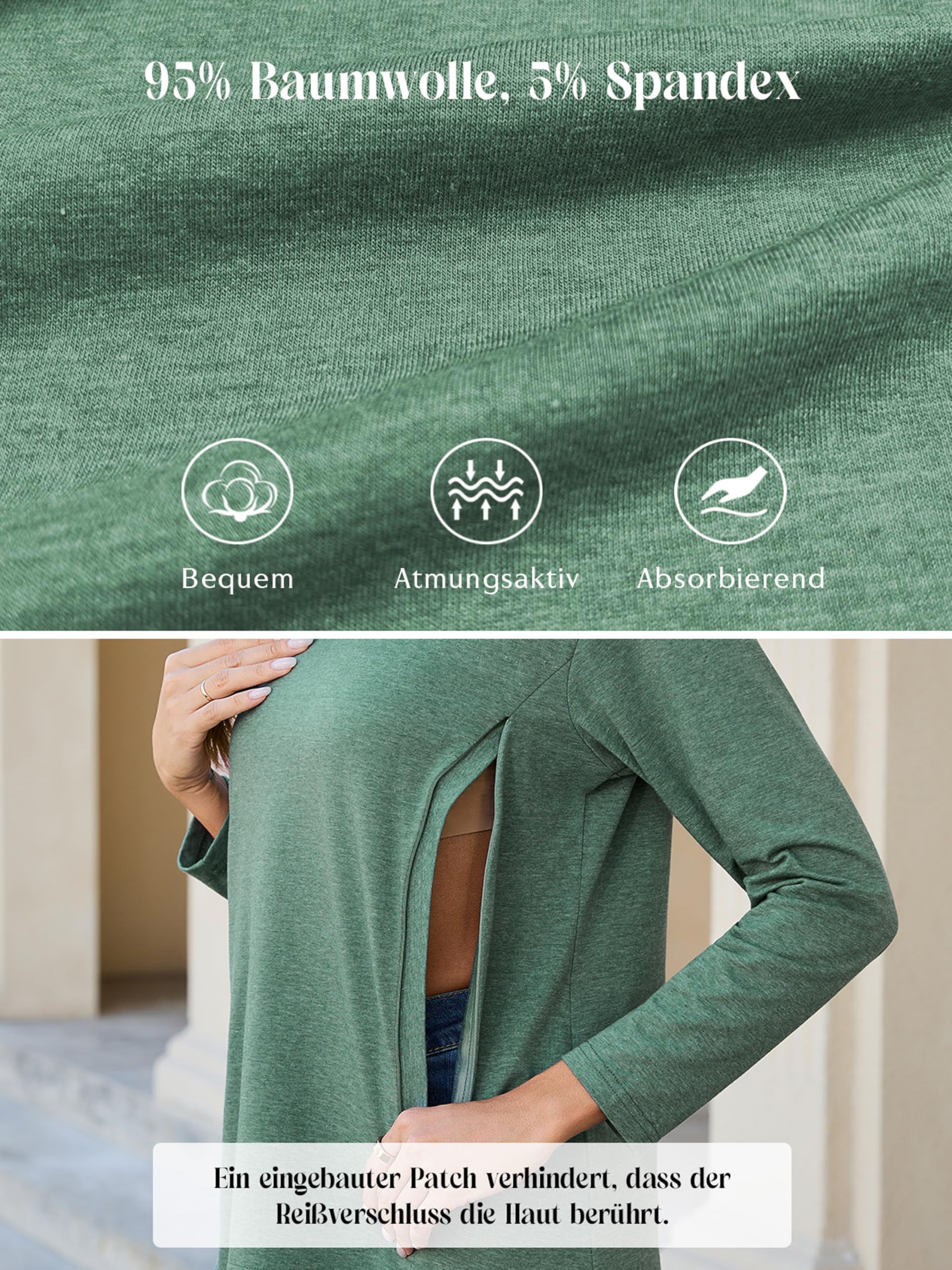 Lot de 3 t-shirts d'allaitement à manches longues pour femme enceinte avec fermeture éclair