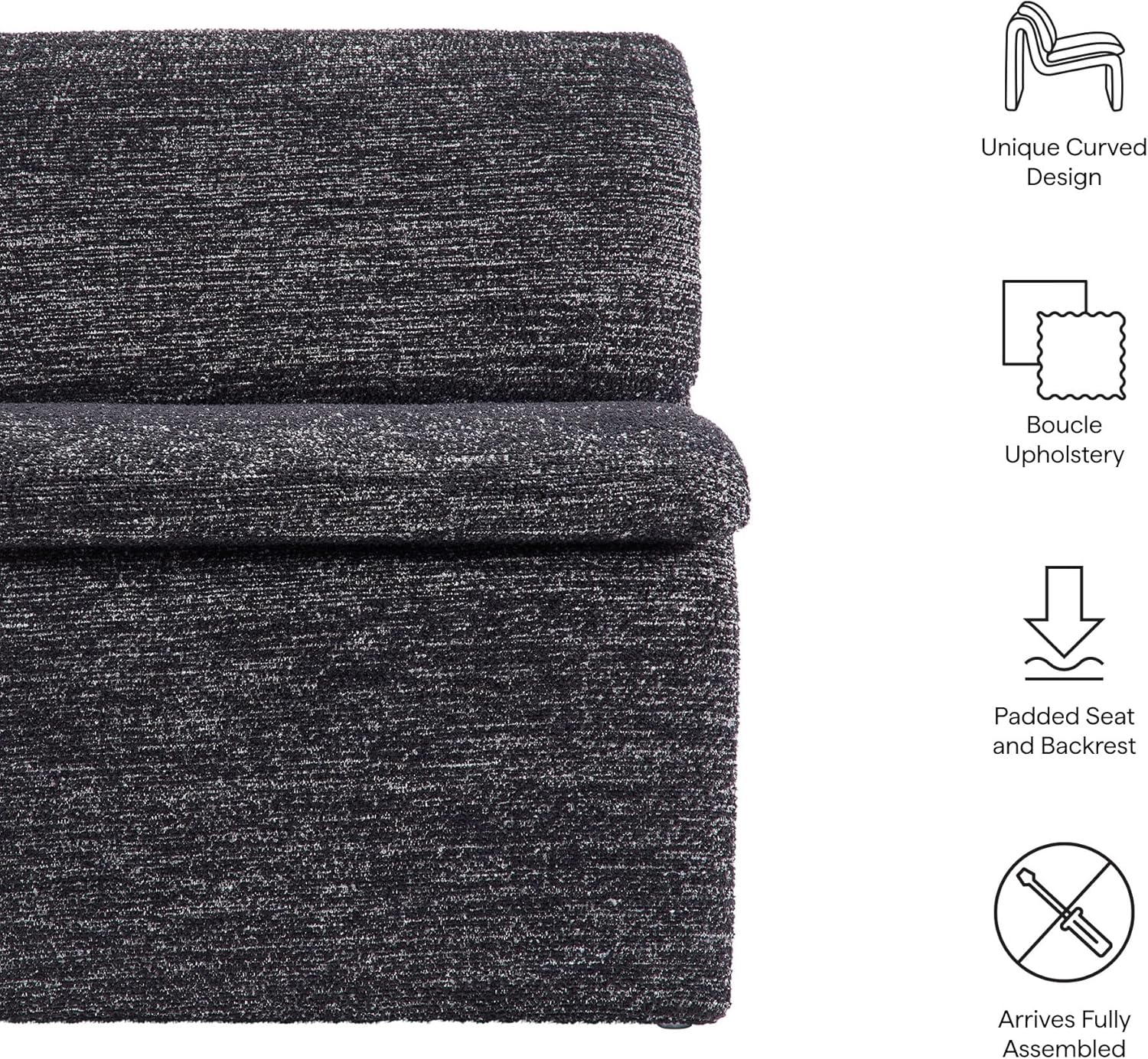 Modway Lume Curved Lounge Chair in Charcoal Boucle Fabric – Modern Upholstered Armless Accent Chair with Padded Cushion - Unique Slipper Chair for Bedroom or Living Room