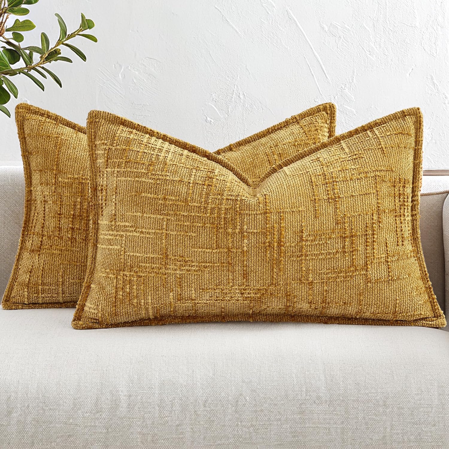 decorUhome Chenille Throw Pillow Covers 12x20 Set of 2, Thick Textured Slubby Neutral Decorative Pillow Covers with Elegant Design for Couch, Sofa, Living Room, Mustard Yellow