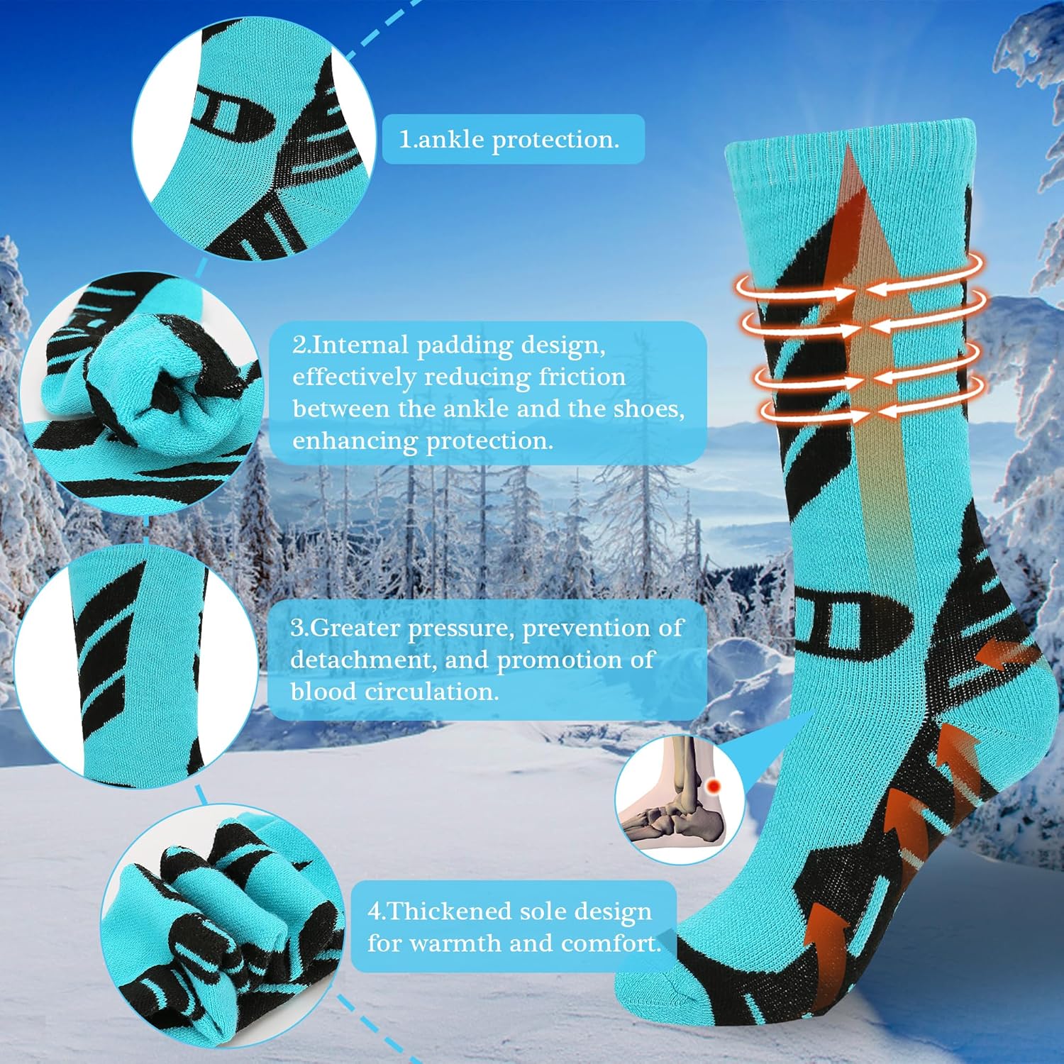 Warm Kids Ski Socks - 2 Pairs Merino Wool Skiing Socks, Winter Warm Snowboard Thermal Socks For Boys Girls Toddlers - Image 3