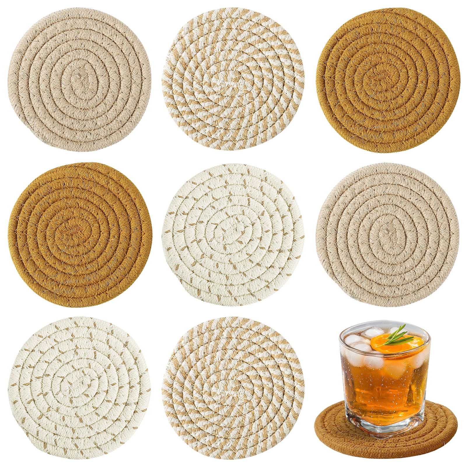 Handmade Woven Drink Coasters, 8 Pcs BOHO Coasters for Home Decor, Heat-resistant Farmhouse Cotton Table Absorbent Coasters for Kinds of Cups New House Gift (4.3in, Yellow/Brown/White)