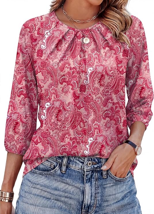 WIHOLL 3/4 Length Sleeve Womens Tops Pleated Front Crew Neck Blouses Dressy Casual Business Casual Spring Summer Shirts S-3XL