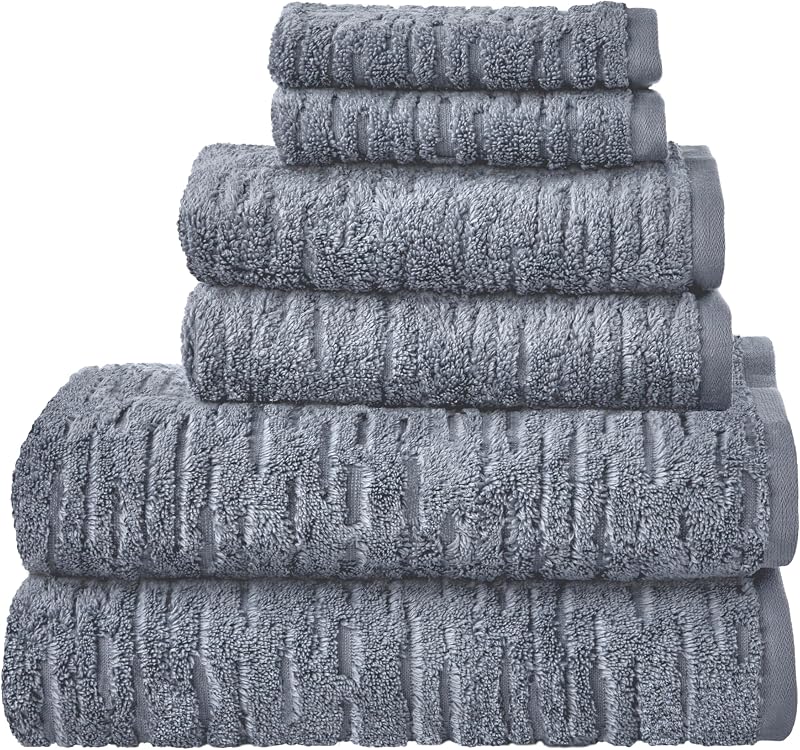 SKL Home CloudSoft 100% Cotton Luxury 6-Piece Towel Set, 600 GSM, Ultra Plush & Absorbent - 2 Bath Towels, 2 Hand Towels, 2 Washcloths, Smoke Blue