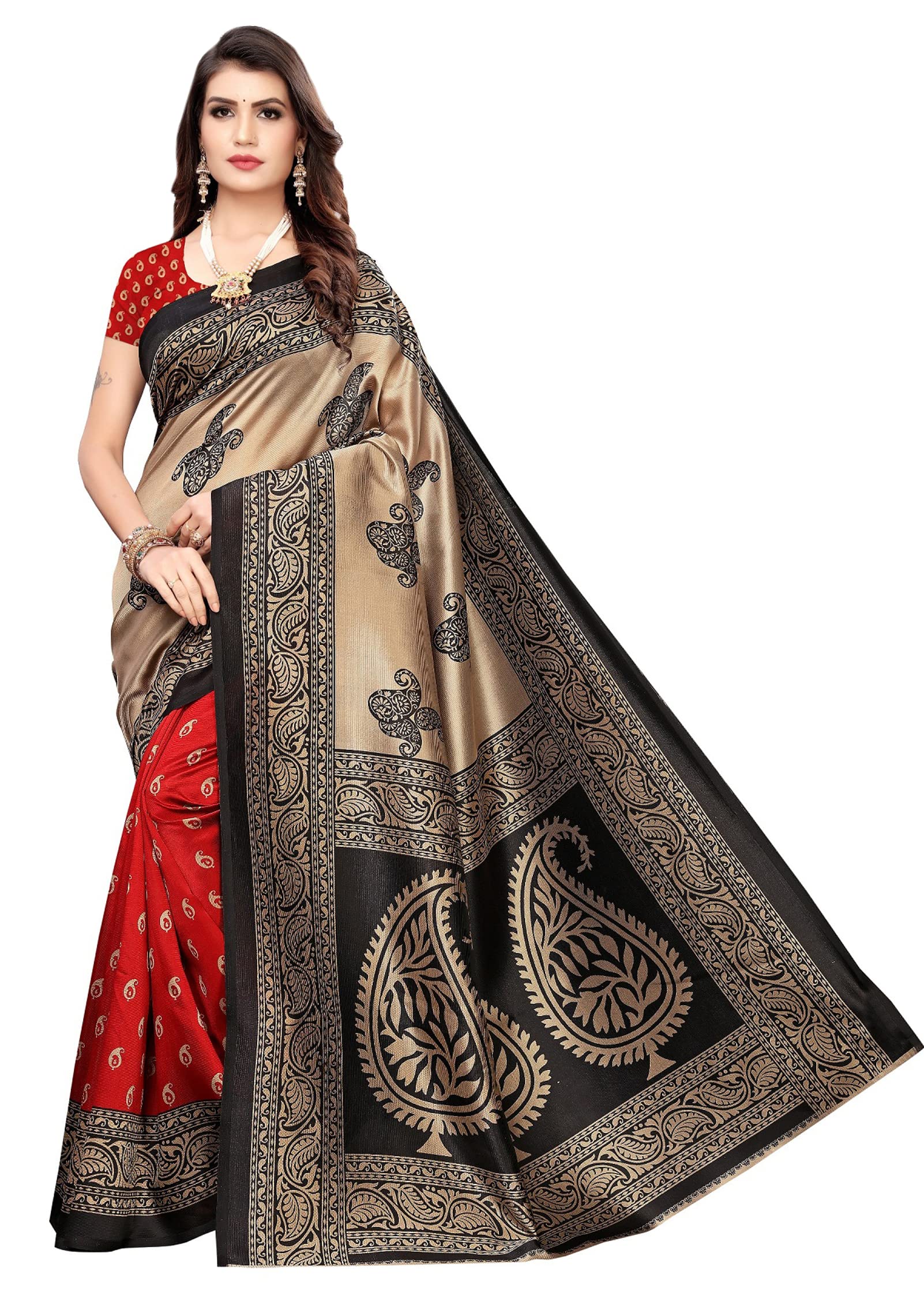 Peegli Indian Art Silk Saree with Blouse Piece Paisley Printed Sari for Women