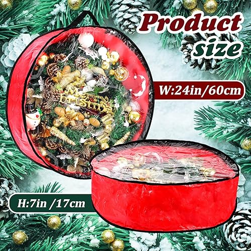 Vista 15 de Dunzy 8 contenedores de corona de Navidad, bolsa de almacenamiento de guirnalda resistente a desgarros, cajas redondas con ventana transparente