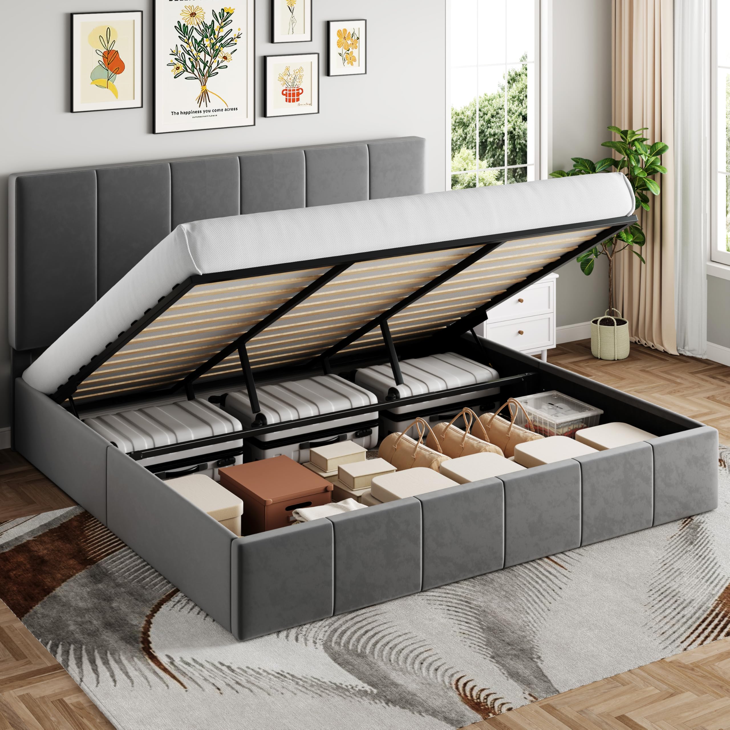 sha cerlin king size lift up storage bed frame, adjustable headboard, hydraulic support, velvet upholstered, easy installation, no box spring needed, gray