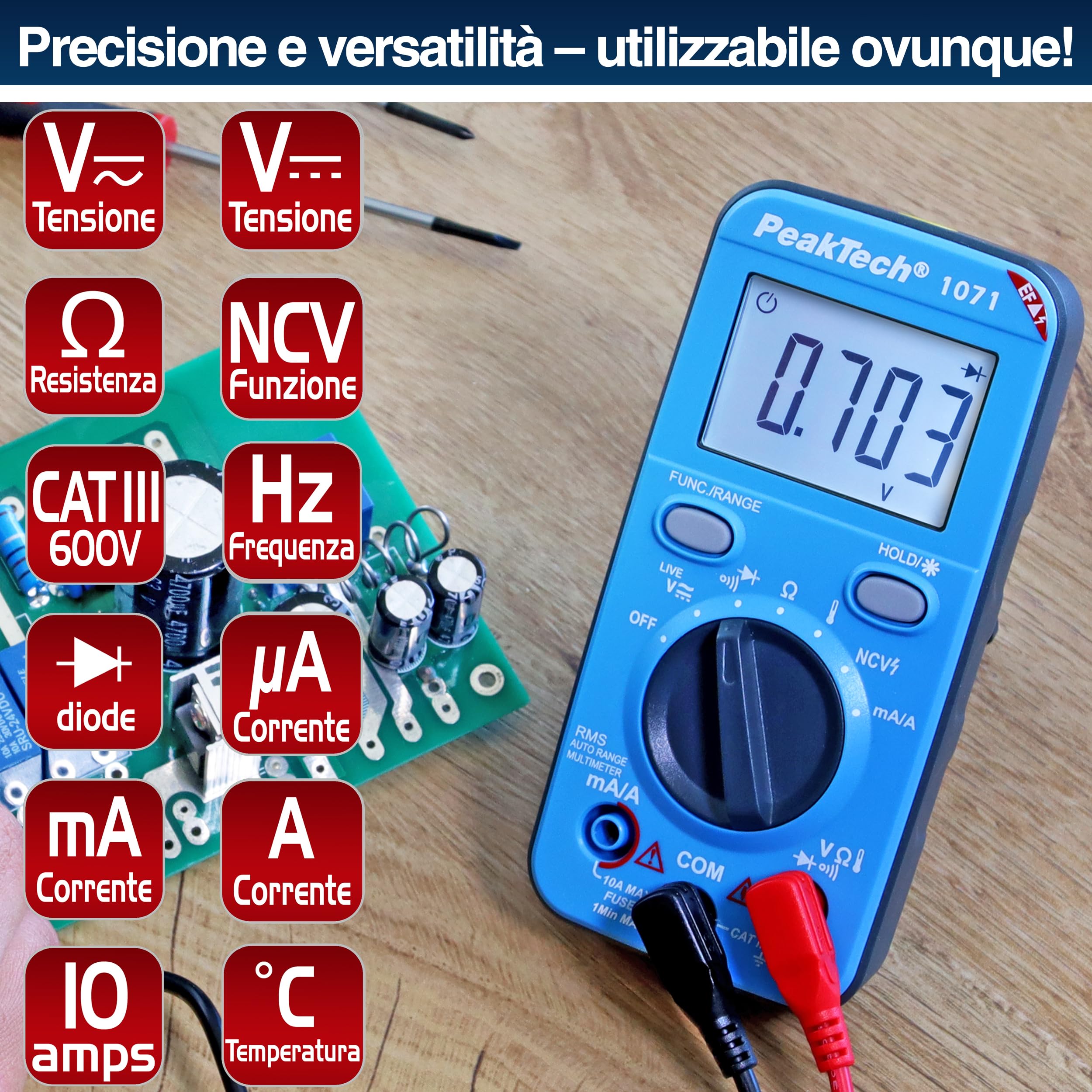 PeakTech P1071 - Multimetro digitale 10A AC/DC con funzione Auto-Range - Multimetro digitale di alta qualità con display LCD a 2.000 conteggi - Robusto amperometro fino a 600V - CAT III 600V