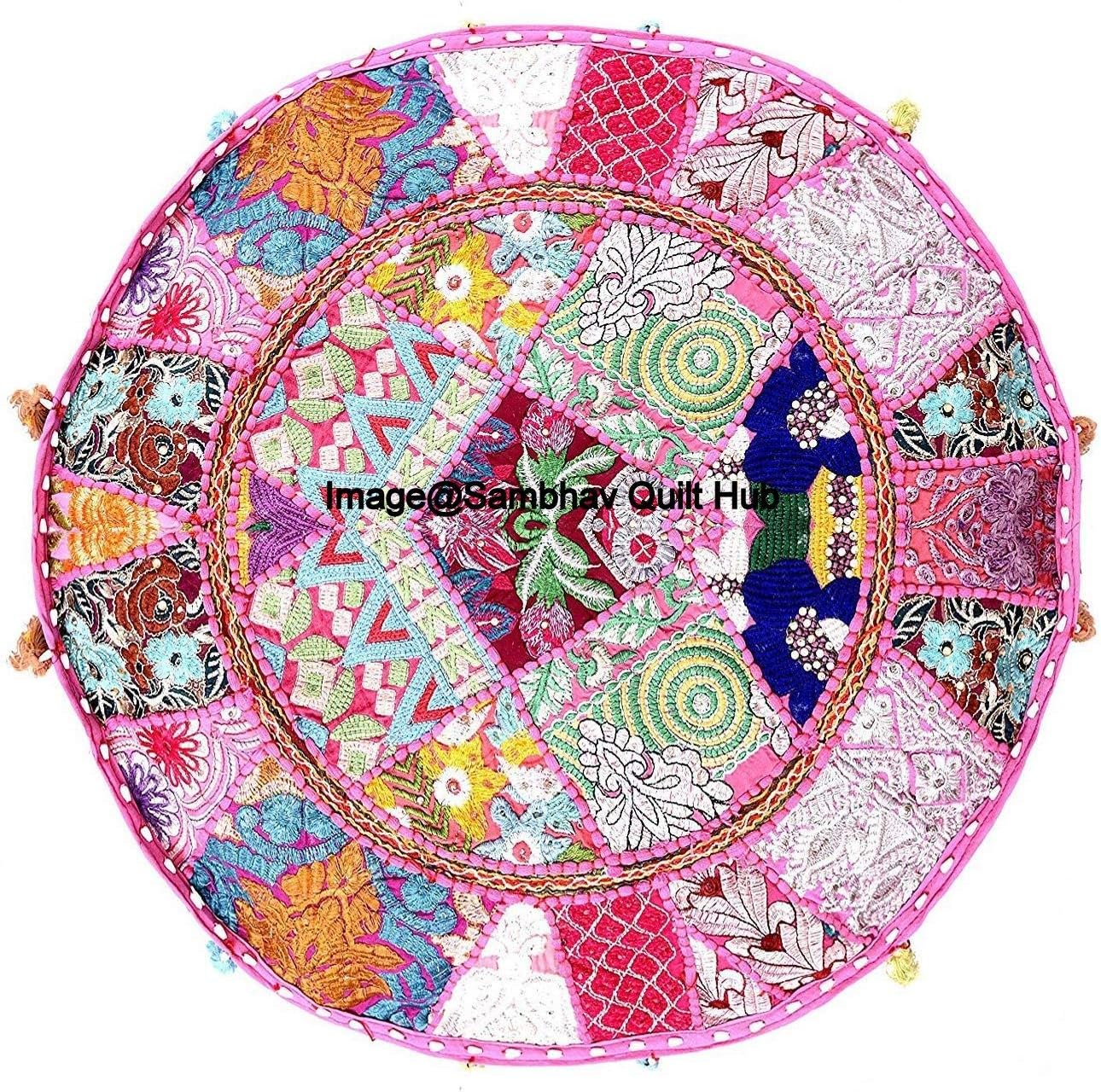 Traditional Indian Multi Patch Embroidery Vintage Cotton Floor Pillow & Cushion Patchwork Bean Bag Chair Cover Boho Bohemian Hand Embroidered Handmade Pouf Ottoman Cover (Purple, 18X13 inch)