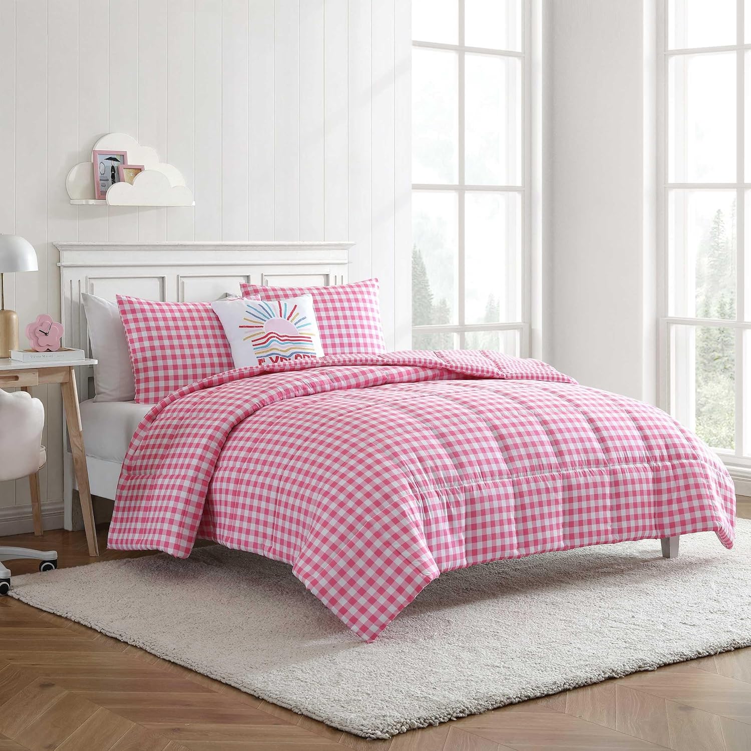 Eddie Bauer Kids - Kids Comforter Set, Super Soft Reversible Toddler Bedding with Matching Sham & Bonus Decorative Pillow, Ideal Girl Room Essentials (Preston Check Pink, Twin)