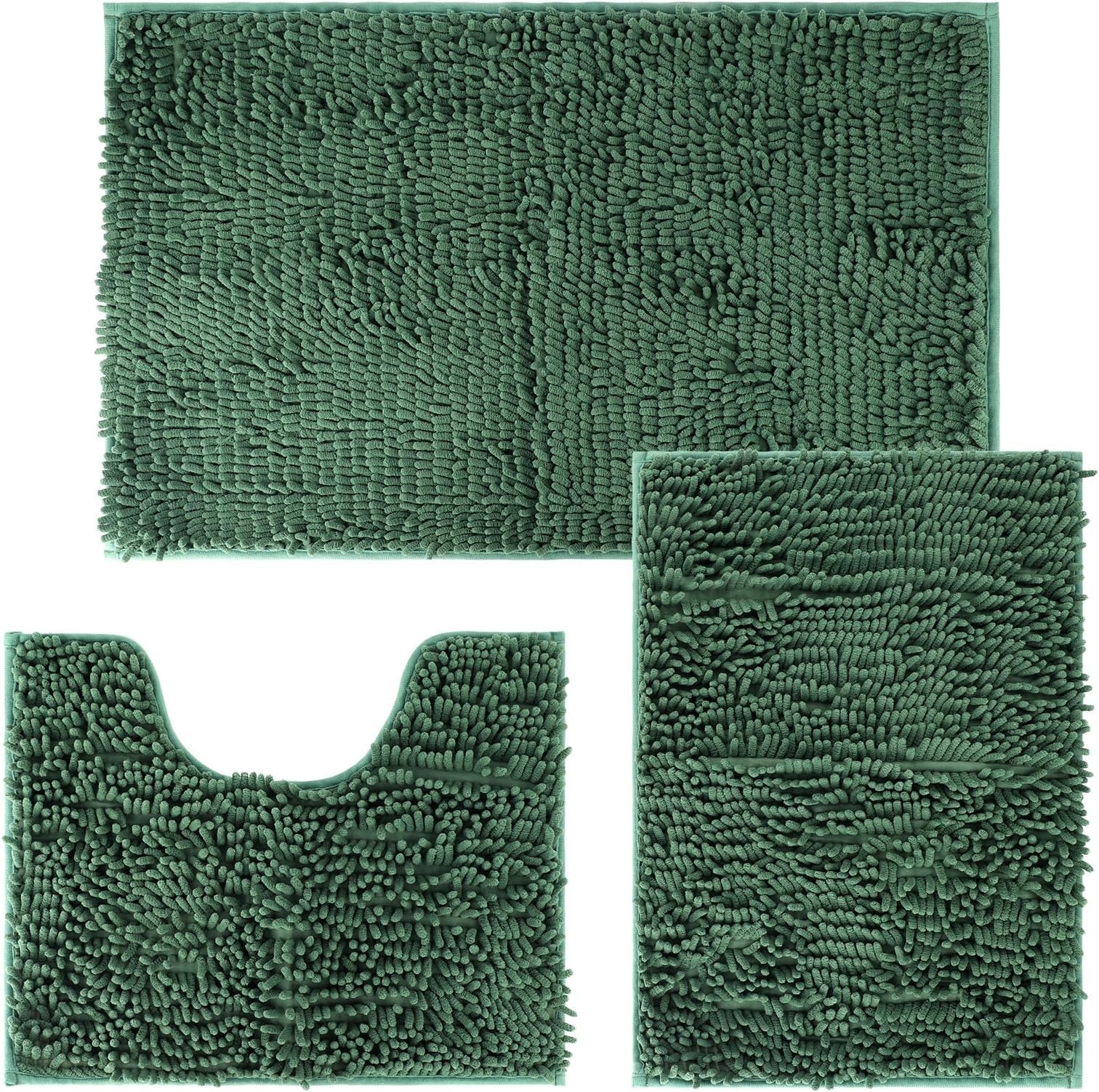 Chenille Bath Mat Set - Ultra Soft 3 Piece Non Slip Anti Mould Shaggy Toilet Rug, Absorbent Bath Mats with U-Shaped Rug, Lid Cover (Dark Green)