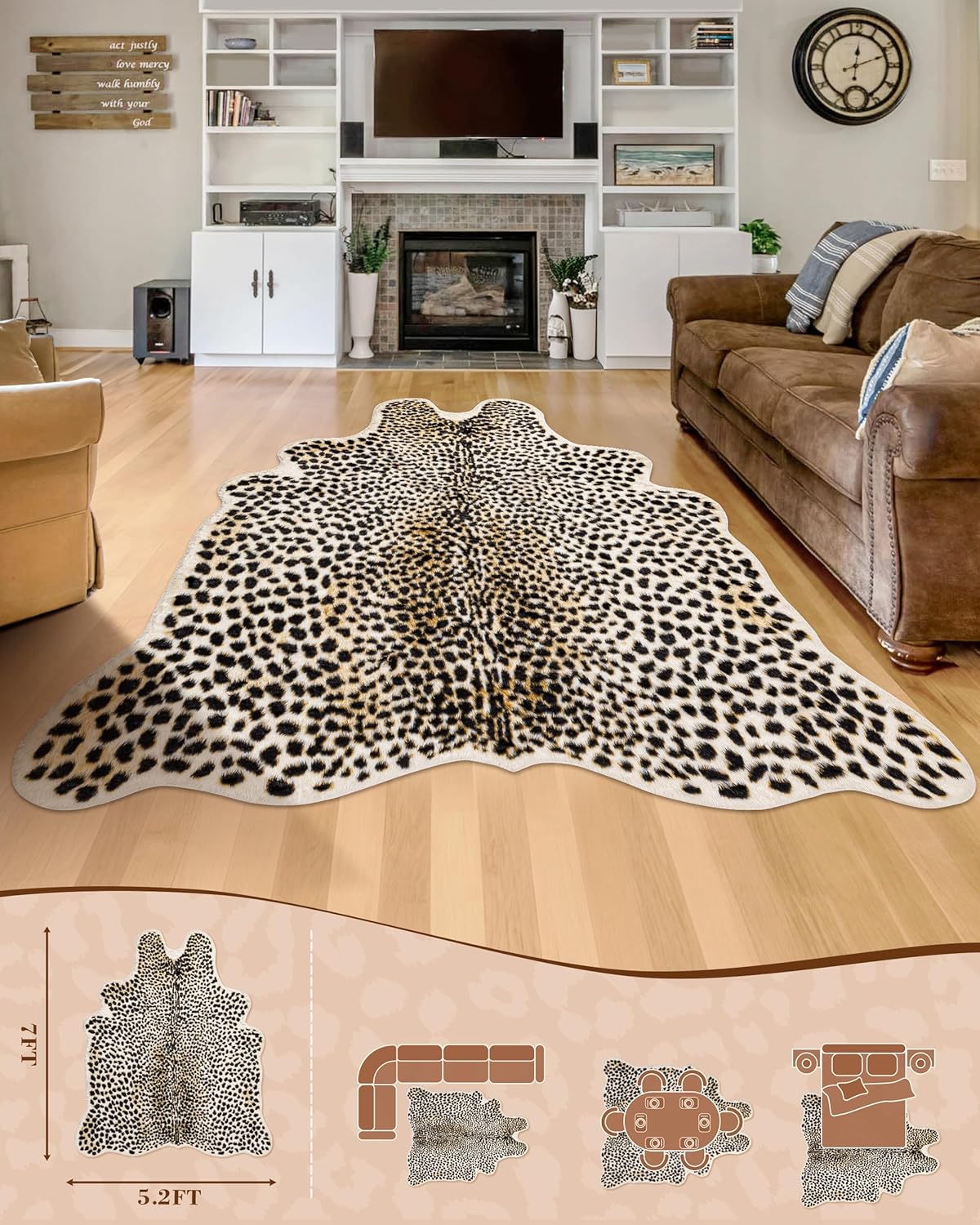 leopard print rug cheetah carpet: 4.4x5.8ft faux cowhide skin mat animal printed area rug for living room bedroom home office 4'4" x 5'8" (oblong) brown