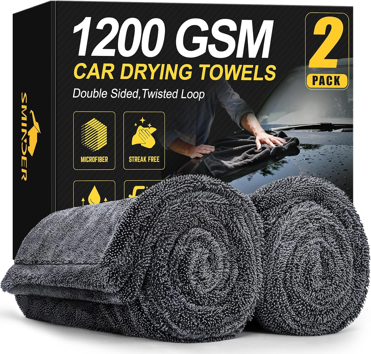 2-Pack 1200 GSM Car Drying Towels – Microfiber Towels for Cars (36″ x 24″), Ultra-Absorbent, Streak-Free, Scratch-Free, No Water Spots, Double-Twist Pile & Edgeless Design