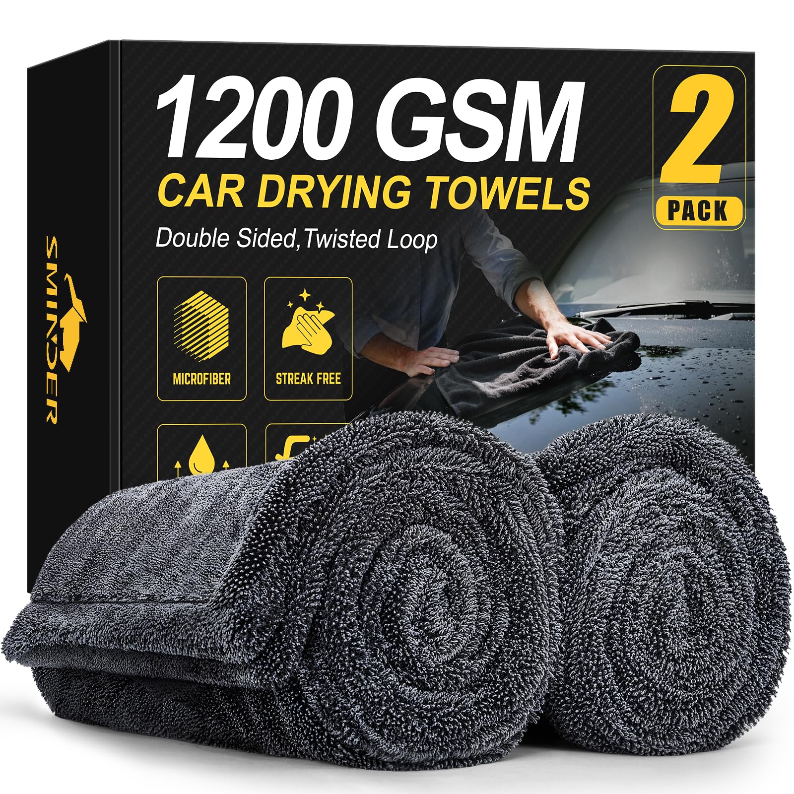 SMINDER 2-Pack 1200 GSM Microfiber Car Drying Towels(36" x 24"), Ultra-Absorbent, Streak-Free, Scratch-Free, No Water Spots, Premium Double-Twist Pile and Edgeless Design, Quick & Effortless Dry