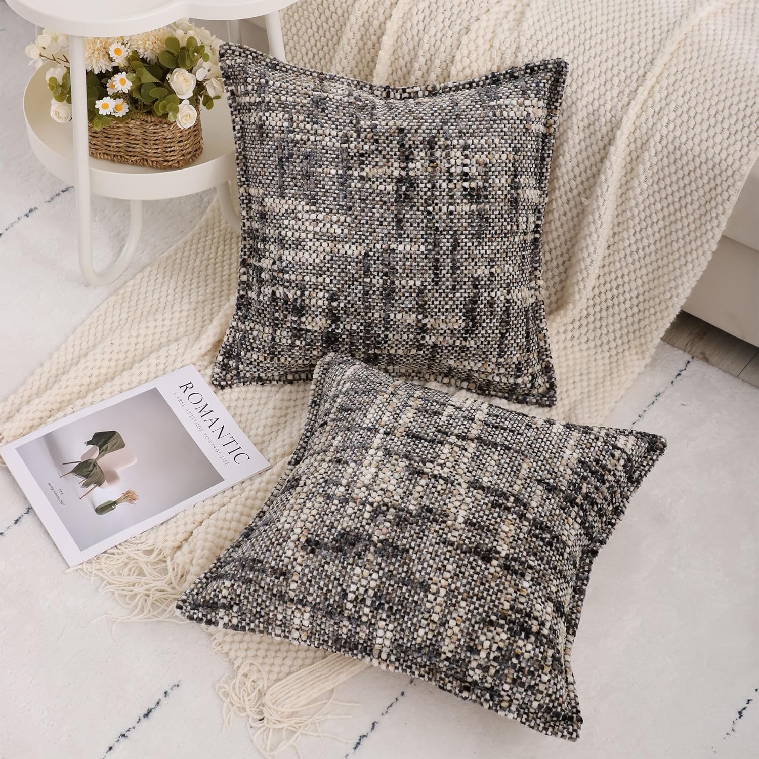 LUOYEHK Boho Throw Pillow Covers 18x18 Set of 2 Farmhouse Pillow Covers Broadside Decorative Textured Throw Pillows for Couch Sofa Bed Living Room,Black