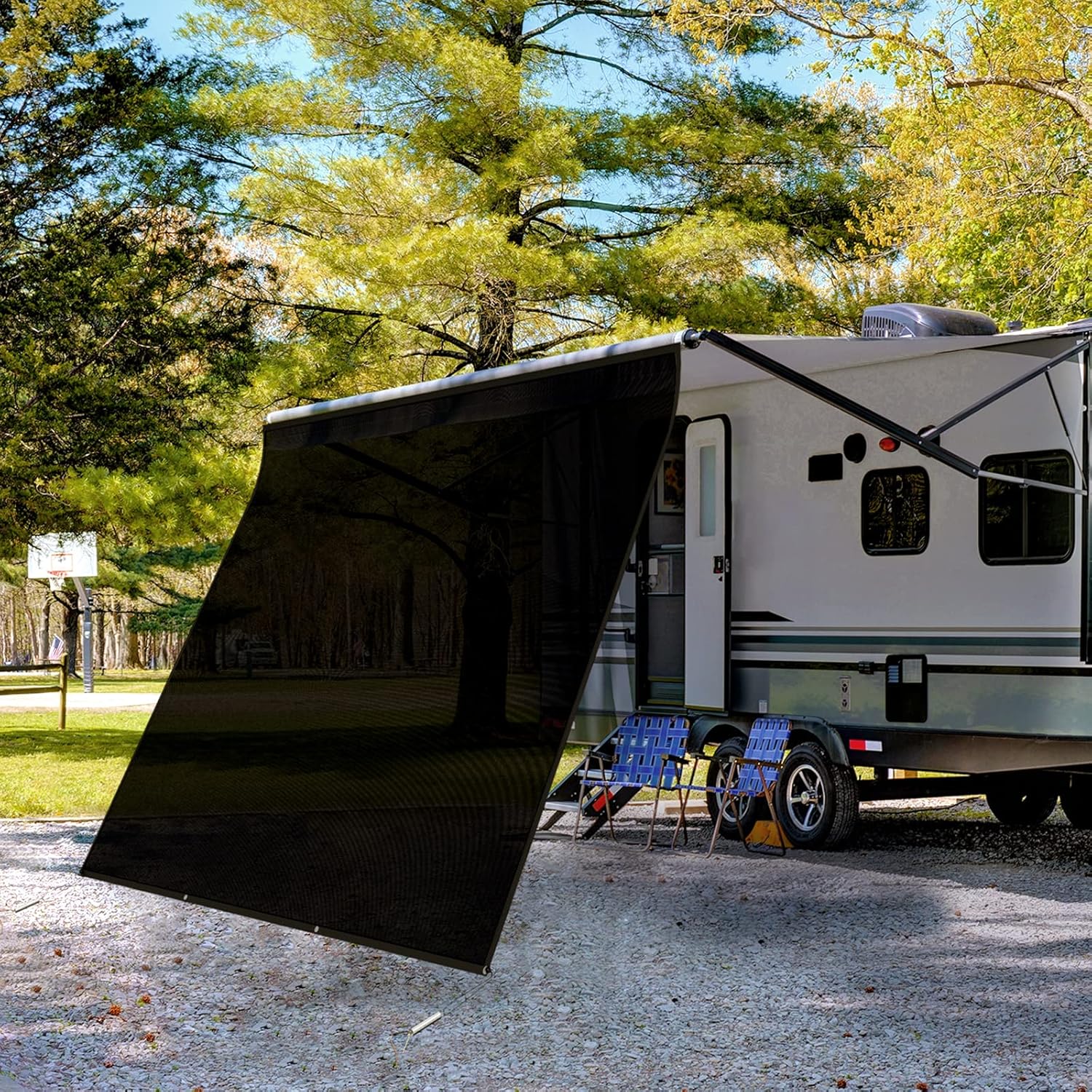 WELKIN RV Awning Sun Shade Screen, (15'3" x 9'), Black Mesh Screen Sunshade, UV Sun Blocker Canopy Complete Kits for Motorhome Camping Trailer