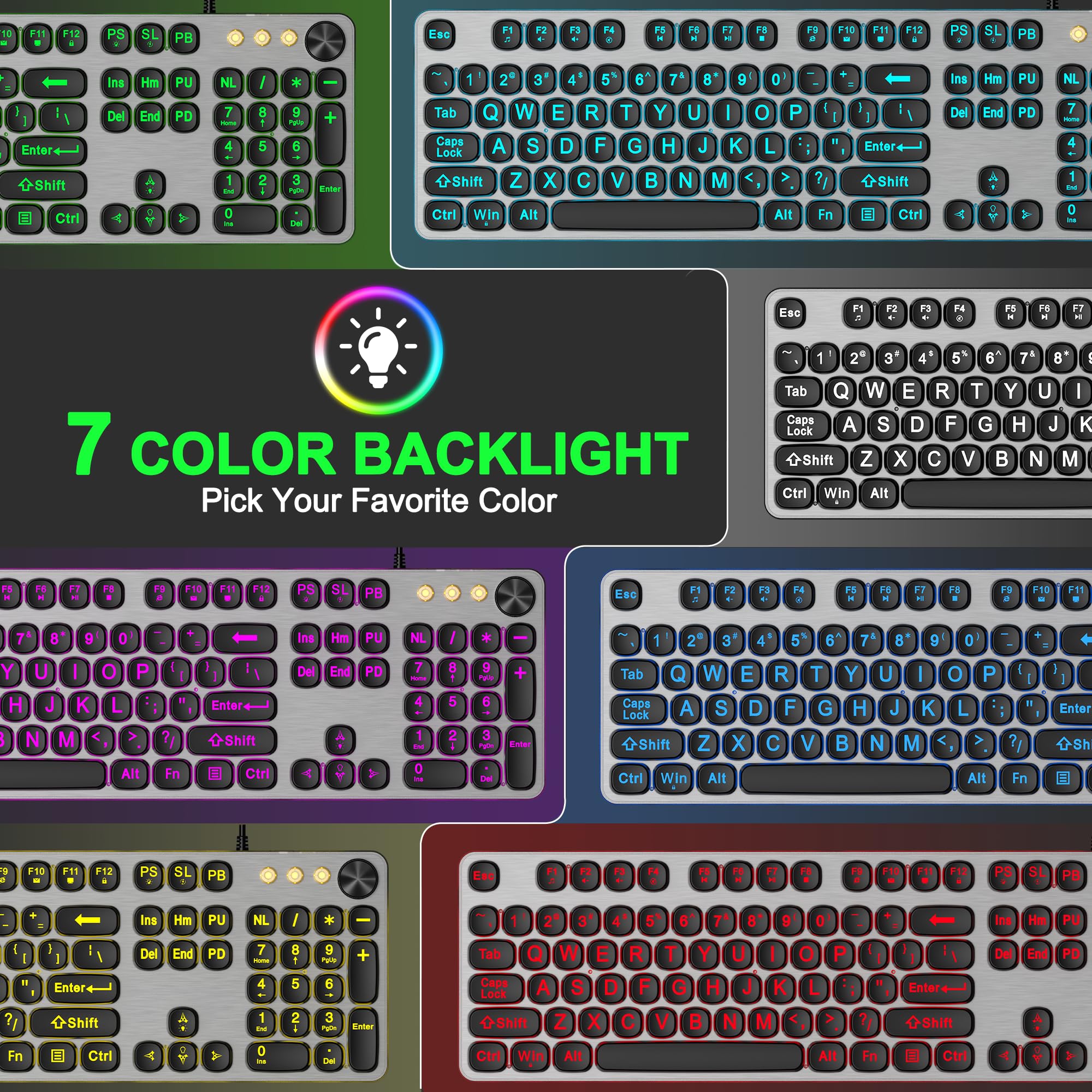 QUASIO Große, beleuchtete Tastatur mit Hintergrundbeleuchtung in 7 Farben, kabelgebunden, USB-beleuchtete Computer-Tastaturen, übergroße Buchstaben, leicht zu sehen, beleuchtete Tastatur für PC