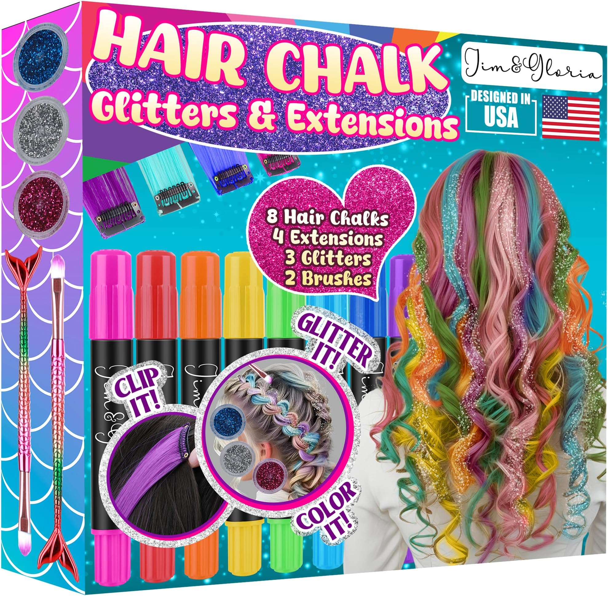 Jim&Gloria Dustless Hair Chalk for Girls With Clip-on Colored Hair, Brushes and Glitters, Temporary Color Dye For Kids, Gifts for Teen Girl Trendy Stuff, Teenage Age 7 8 9 10 11 12 13 14 Year Old Gift
