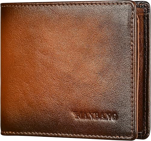 Billeteras para hombres RFID de cuero genuino delgado plegable cartera, Marrón, Billetera plegable