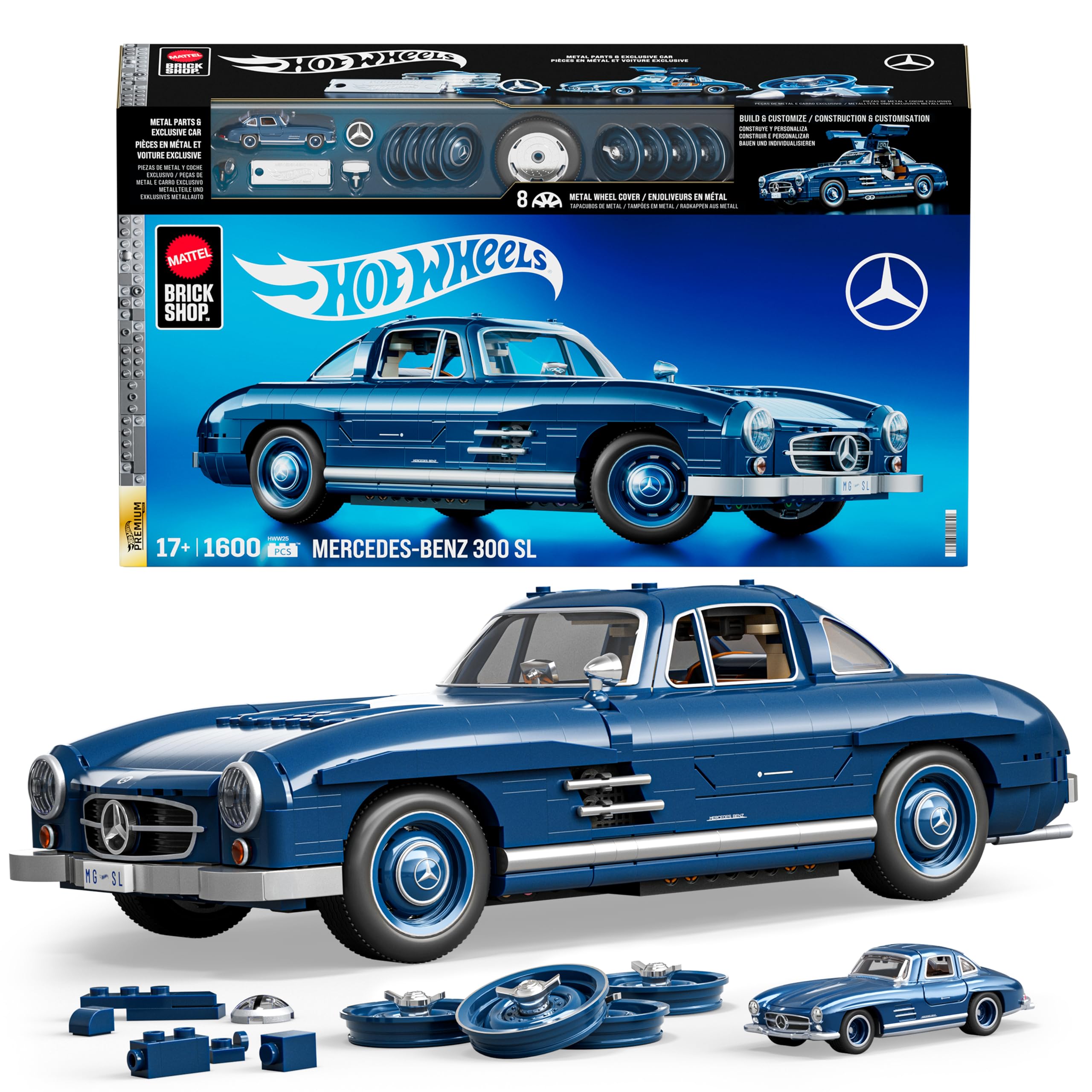 Mattel Brick Shop Hot Wheels Serie Premium set da costruire Mercedes-Benz 300 SL con 1600 pezzi dettagli realistici e parti in metallo per collezionisti adulti HWW25