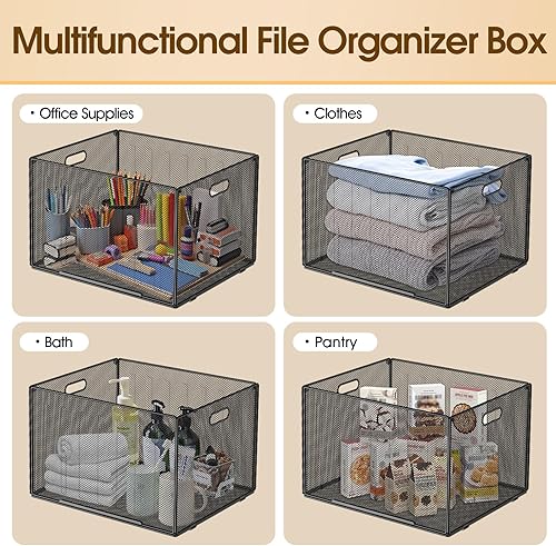 Miniatura 4 de MaxGear Caja organizadora de archivos colgantes, caja de almacenamiento de carpetas de archivos de malla metálica negra para tamaño cartalegal,