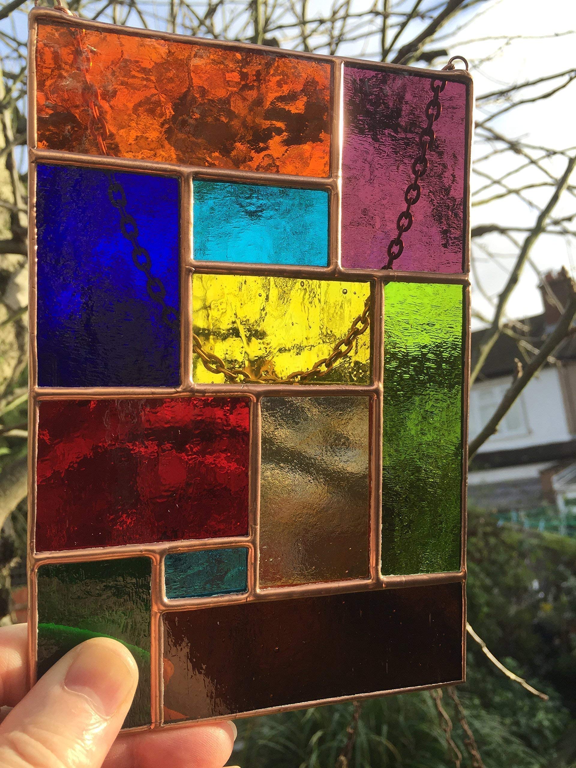 Panel de vidrieras, atrapasueños abstractos multicolor de cobre, hecho a mano, regalo artístico para ventana