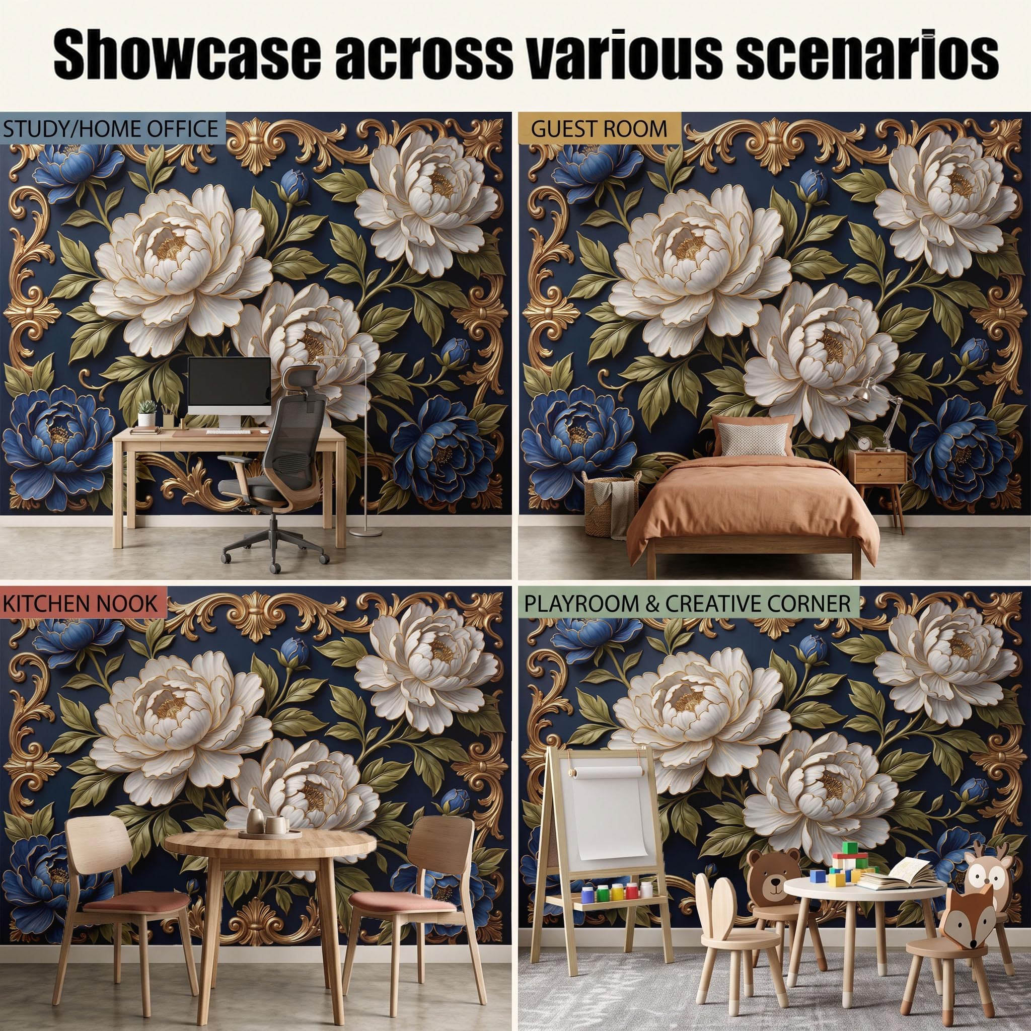 Papier Peint Panoramique Luxueux Relief De Pivoine Bleu Foncé 300X210Cm | Papier Peint Intissé Bordure De Plantes Élégante Décoration Murale Chambre, Fresque Murale Pour Salon Fond Tv