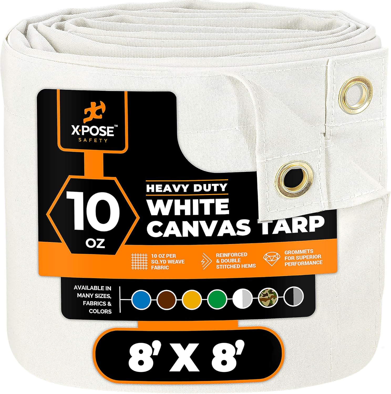 Xpose Safety Canvas Tarp - 10oz White Canvas Tarps Heavy Duty Water Resistant with Brass Grommets- Multipurpose Outdoor Tarpaulin for Camping, Canopy, Trailer, Equipment Cover 8' x 8'