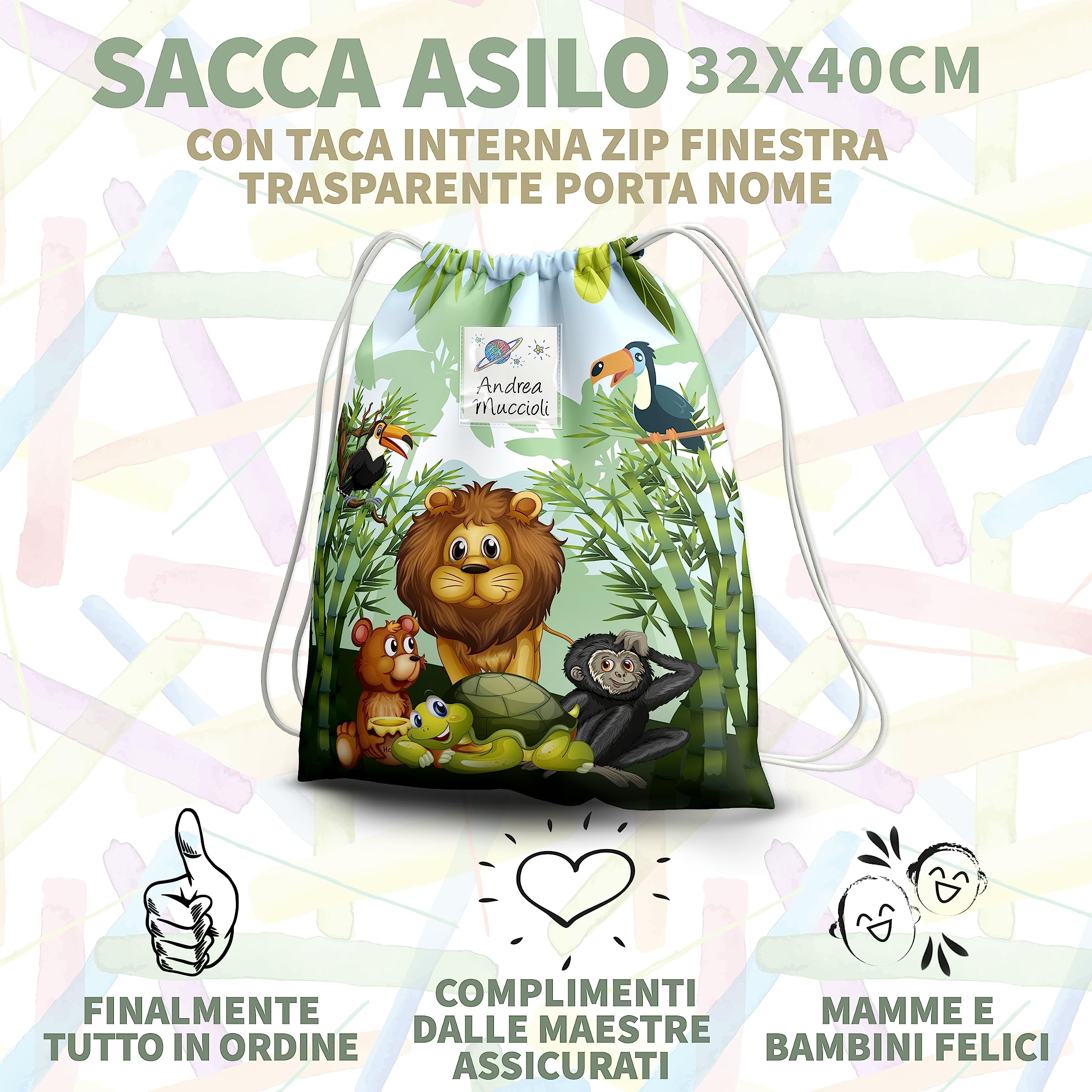 KAÏDENSÏ Sacca Asilo con Nome Personalizzata Giungla - Zainetto Asilo Nido 32x40 cm con Tasca Interna 20x10 cm - Zaino Asilo Bambino Originale per Bambini Piccoli